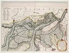 Le fort Lillo (positionné sur la rive droite de l'Escaut, à l'est de Zandvliet, à hauteur du groupe de bateaux descendant le fleuve sur la carte) d'après Blaeu vers 1630.
