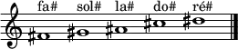 {
\new Staff \with { \remove "Time_signature_engraver" }
\clef treble
\time 5/1
fis'1^"fa#" gis'^"sol#" ais'^"la#" cis''^"do#" dis''^"ré#"
\bar "|."
}