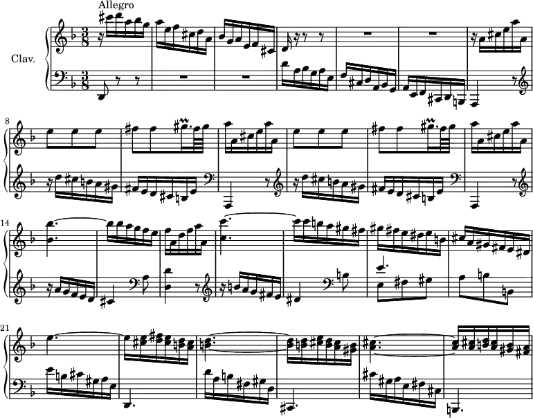 \version "2.18.2"
\header {
  tagline = ##f
  % composer = "Domenico Scarlatti"
  % opus = "K. 553"
  % meter = "Allegro"
}
%% les petites notes
trillGisqqp     = { \tag #'print { gis16.\prall } \tag #'midi { a32 gis a } }
upper = \relative c'' {
  \clef treble 
  \key d \minor
  \time 3/8
  \tempo 4. = 54
  \set Staff.midiInstrument = #"harpsichord"
  \override TupletBracket.bracket-visibility = ##f
      s8*0^\markup{Allegro}
      r16 cis'16 d a bes g | a e f cis d a | bes g a e f cis | { \tag #'print d16 \tag #'midi r16 } r16 r8 r8 | 
      % ms. 5
      R4.*2 | r16 \repeat unfold 2 { a'16 cis e a a, | e'8 e e | fis fis \trillGisqqp fis64 gis | a16 }
      % ms. 13 suite
      a,16 cis e a a, | < bes bes' >4.~ bes'16 bes a g f e | f a, d f a a, | < c c' >4.~ 
      % ms. 18
      c'16 c b a gis fis | gis fis e dis e b | cis a gis fis e dis | e'4.~ | e16 < cis e > < d fis > < cis e > < b d > < a cis > | < b d >4.~
      % ms. 24
      < b d >16 q < cis e > < b d > < a cis > < gis b > | < a cis >4.~
      % ms. 30
      < a cis >16 q < b d > < a cis > < gis b > < fis a > |
}
lower = \relative c' {
  \clef bass
  \key d \minor
  \time 3/8
  \set Staff.midiInstrument = #"harpsichord"
  \override TupletBracket.bracket-visibility = ##f
    % ************************************** \appoggiatura a16  \repeat unfold 2 {  } \times 2/3 { }   \omit TupletNumber 
      d,,8 r8 r8 | R4.*2 | d''16 a bes g a e | f cis d a bes g |
      % ms. 6
      a16 e f cis d b |  \repeat unfold 2 { \clef bass a4 r8   \clef treble  r16 d'''16 cis b a gis | fis e d cis b e } | \clef bass
      % ms. 13
       a,,,4 r8 |  \clef treble r16 a''' g f e d | cis4   \clef bass a8 | < d, d' >4 r8 |  \clef treble  r16 b''16 a g fis e |
      % ms. 18
      dis4  \clef bass b8 | << { e4. } \\ { e,8 fis gis } >> | a8 b b, | e'16 b cis gis a e | d,4. | d''16 a b fis gis d |
      % ms. 24
      cis,4. | cis''16 gis a e fis cis | b,4. | % b''16 fis gis d e b | a,4 cis'8 | d e e, |
      % ms. 30
      % < a a' >4 < b b' >8 | < e, e' >8 a' b | e16 b cis gis, a e | d,4. | 
}
thePianoStaff = \new PianoStaff <<
    \set PianoStaff.instrumentName = #"Clav."
    \new Staff = "upper" \upper
    \new Staff = "lower" \lower
  >>
\score {
  \keepWithTag #'print \thePianoStaff
  \layout {
      #(layout-set-staff-size 17)
    \context {
      \Score
     \override SpacingSpanner.common-shortest-duration = #(ly:make-moment 1/2)
      \remove "Metronome_mark_engraver"
    }
  }
}
\score {
  \keepWithTag #'midi \thePianoStaff
  \midi { }
}