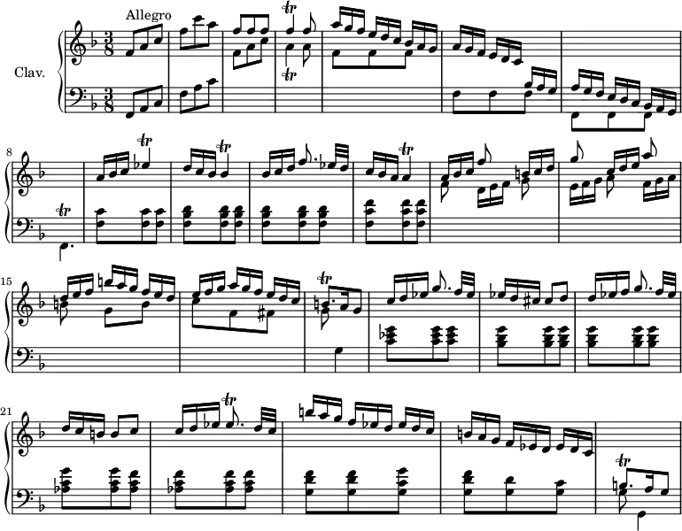 
\version "2.18.2"
\header {
  tagline = ##f
}

%% les petites notes
trillA       = { \tag #'print { a4_\trill } \tag #'midi { bes32 a bes a bes a~ a16 } }
trillAa      = { \tag #'print { a4\trill } \tag #'midi { bes32 a bes a bes a~ a16 } }
trillF       = { \tag #'print { f4\trill } \tag #'midi { g32 f g f g f~ f16 } }
trillFp      = { \tag #'print { f4.\trill } \tag #'midi { g32 f g f g  f g f~   \tempo 4 = 40 f8 } }
trillEes     = { \tag #'print { ees4\trill } \tag #'midi { f32 ees f ees f ees~ ees16 } }
trillBes     = { \tag #'print { bes4\trill } \tag #'midi { c32 bes c bes c bes~ bes16 } }
trillBqp     = { \tag #'print { b8.\trill } \tag #'midi { c32 b c b~ b16 } }
trillEesqp   = { \tag #'print { ees8.\trill } \tag #'midi { f32 ees f ees~ ees16 } }


upper = \relative c'' {
  \clef treble 
  \key f \major
  \time 3/8
  \tempo 4 = 88
  \set Staff.midiInstrument = #"harpsichord"
  \override TupletBracket.bracket-visibility = ##f
  \omit TupletNumber

    s8*0^\markup{Allegro}
    f,8 a c | f c' a | \stemUp f f f | \trillF f8 | \times 2/3 { a16[ g f] } \times 2/3 { e16[ d c] } \times 2/3 { bes16[ a g] } | \times 2/3 { a16[ g f] } \times 2/3 { e16[ d c] } \change Staff = "lower" \times 2/3 { bes16[ a g] }
    % ms. 7
    \times 2/3 { a16[ g f] } \times 2/3 { e16[ d c] } \times 2/3 { bes16[ a g] } | s4. | \change Staff = "upper" \times 2/3 { a''16[ bes c] } \trillEes \times 2/3 { d16[ c bes] } \trillBes | \times 2/3 { bes16[ c d] } f8. ees32[ d] | \times 2/3 { c16[ bes a] } \trillAa | \times 2/3 { a16[ bes c] } f8 \times 2/3 { b,16[ c d] }
    % ms. 14
    g8 \times 2/3 { c,16[ d e] } a8 | \times 2/3 { d,16[ e f] } \times 2/3 { b16[ a g] } \times 2/3 { f16[ e d] } | \times 2/3 { e16[ f g] } \times 2/3 { a16[ g f] } \times 2/3 { e16[ d c] } | \trillBqp a16   \tempo 4 = 55 g8 |   \tempo 4 = 88 \times 2/3 { c16[ d ees] } g8. f32[ ees] | \times 2/3 { ees16[ d cis] } cis8 d |
    % ms. 55
    \times 2/3 { d16[ ees f] } g8. f32[ ees] | \times 2/3 { d16[ c b] } b8 c |  \times 2/3 { c16[ d ees] } \trillEesqp d32[ c] \times 2/3 { b'16[ a g] } \times 2/3 { f16[ ees d] }  \times 2/3 { ees16[ d c] }  | \times 2/3 { b16[ a g] } \times 2/3 { f16[ ees d] } \times 2/3 { ees16[ d c] }  | \change Staff = "lower" \trillBqp a16   \tempo 4 = 50  g8
 
}

lower = \relative c' {
  \clef bass
  \key f \major
  \time 3/8
  \set Staff.midiInstrument = #"harpsichord"
  \override TupletBracket.bracket-visibility = ##f
  \omit TupletNumber

    % *****************************
    f,,8 a c | f a c | \stemDown \change Staff = "upper" f a c | \trillA a8 | f f f | \change Staff = "lower" f, f f |
    % ms. 7
    f, f f |   \tempo 4 = 75 \trillFp |   \tempo 4 = 88 < f' c' >8 q q | < f bes d > q q | q q q | < f c' f > q q | \stemDown \change Staff = "upper" f'8 \times 2/3 { d16[ e f] } g8
    % ms. 14
    \times 2/3 { e16[ f g] } a8 \times 2/3 { f16[ g a] } b8 g[ b] | c f, fis | g8 \change Staff = "lower" g,4 | < c ees g >8 q q | < bes d g >
    % ms. 20
    q q q | q q < aes c g' > q < aes c f > | q q q | < g d' f > q < g c g' > | < g d' f > < g d' > < g c > | g8 g,4
    % ms. 26
    

} 

thePianoStaff = \new PianoStaff <<
    \set PianoStaff.instrumentName = #"Clav."
    \new Staff = "upper" \upper
    \new Staff = "lower" \lower
  >>

\score {
  \keepWithTag #'print \thePianoStaff
  \layout {
      #(layout-set-staff-size 17)
    \context {
      \Score
     \override SpacingSpanner.common-shortest-duration = #(ly:make-moment 1/2)
      \remove "Metronome_mark_engraver"
    }
  }
}

\score {
  \keepWithTag #'midi \thePianoStaff
  \midi { }
}
