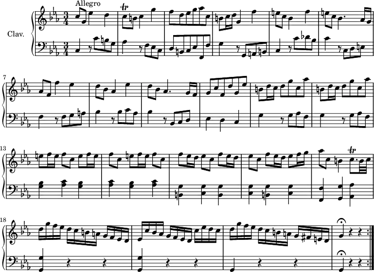 \version "2.18.2"
\header {
  tagline = ##f
  % composer = "Domenico Scarlatti"
  % opus = "K. 73"
  % meter = "Allegro"
}
%% les petites notes
trillCq        = { \tag #'print { c8\trill } \tag #'midi { d32 c d c } }
trillCqp       = { \tag #'print { c8.\trill } \tag #'midi { d32 c d c~ c16 } }
upper = \relative c'' {
  \clef treble 
  \key c \minor
  \time 3/4
  \tempo 4. = 80
  \set Staff.midiInstrument = #"harpsichord"
  \override TupletBracket.bracket-visibility = ##f
  \repeat volta 2 {
      s8*0^\markup{Allegro}
      c8 g ees'4 d | \trillCq b8 c4 g' | f8 d ees g aes c, | b c16 d g,4 f' |
      % ms. 5
      e8 c bes4 f' | e8 c bes4. aes16 g | aes8 f f'4 ees | d8 bes aes4 ees' | d8 bes aes4. g16 f |
      % ms. 10
      g8 c f, d' g, ees' | \repeat unfold 2 { b d16 c d8 g c, aes' } | \repeat unfold 3 { e8 f16 e f8 c }
      % ms. 15
      \repeat unfold 2 { f8 ees16 d ees8 c } f8 ees16 d ees8 f16 g | aes8 c, b4 \trillCqp b32 c |
      % ms. 18
      d16 g f ees d c b a g f ees d | ees c' bes aes  g f ees d  c' ees d c | d g f ees d c b a g fis e d | g4\fermata r4 r4 }%repet
}
lower = \relative c' {
  \clef bass
  \key c \minor
  \time 3/4
  \set Staff.midiInstrument = #"harpsichord"
  \override TupletBracket.bracket-visibility = ##f
  \repeat volta 2 {
    % ************************************** \appoggiatura a16  \repeat unfold 2 {  } \times 2/3 { }   \omit TupletNumber 
      c,4 r8 c'8 b g | aes4 r8 f8 ees c | d b c ees f, f' | g4 r8 g,8 a b |
      % ms. 5
      c4 r8 c'8 des bes | c4 r8 c,8 d e | f4 r8 f8 g a | bes4 r8 bes c aes | bes4 r8 bes,8 c d 
      % ms. 10
      ees4 d c |  \repeat unfold 2 { g' r8 g aes f } | \repeat unfold 3 { < g bes >4  < aes c > }
      % ms. 15
      \repeat unfold 3 { < b, g' >4 < c g' > } < f, f' >4 < g g' > < aes aes' >
      % ms. 18
      \repeat unfold 2 { < g g' >4 r4 r4 } g4 r4 r4 | g4\fermata r4 r4 }%repet
}
thePianoStaff = \new PianoStaff <<
    \set PianoStaff.instrumentName = #"Clav."
    \new Staff = "upper" \upper
    \new Staff = "lower" \lower
  >>
\score {
  \keepWithTag #'print \thePianoStaff
  \layout {
      #(layout-set-staff-size 17)
    \context {
      \Score
     \override SpacingSpanner.common-shortest-duration = #(ly:make-moment 1/2)
      \remove "Metronome_mark_engraver"
    }
  }
}
\score {
  \keepWithTag #'midi \thePianoStaff
  \midi { }
}