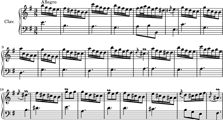 
\version "2.18.2"
\header {
  tagline = ##f
  % composer = "Domenico Scarlatti"
  % opus = "K. 292"
  % meter = "Allegro"
}

%% les petites notes
trillGqUp     = { \tag #'print { g'8\prall } \tag #'midi { a32 g a g } }
trillFisq     = { \tag #'print { fis8\prall } \tag #'midi { g32 fis g fis } }
trillAisp     = { \tag #'print { ais4.\prall } \tag #'midi { b32 ais b ais~ ais4 } }
trillDisp     = { \tag #'print { dis4.\prall } \tag #'midi { e32 dis e dis~ dis4 } }
trillCisp     = { \tag #'print { cis4.\prall } \tag #'midi { d32 cis d cis~ cis4 } }

upper = \relative c'' {
  \clef treble 
  \key e \minor
  \time 3/8
  \tempo 4. = 82

      s8*0^\markup{Allegro}
      b'16 g fis e e8 | fis16 dis cis b b8 | c'16 a g fis fis8 | b16 g fis e e8 | fis16 g32 a g16 e fis dis | \acciaccatura dis8 e4. |
      % ms. 7
      g16 e d c c8 | g'16 d c b b8 | a'16 c, b a a8 | g'16 b, a g g8 | g'16 e d cis cis8 | a'16 fis e d d8 |
      % ms. 13
      b'16 fis g e fis d | \acciaccatura d8 \trillCisp | a'16 fis e dis dis8 | b'16 g fis e e8 | c'16 g a fis g e | \acciaccatura e8 \trillDisp | 
      % ms. 19
      fis16 dis cis b b8 | \trillGqUp fis g | g16 e d cis cis8 | \trillFisq e fis | fis16 d cis b b8 | e16 cis b ais ais8 |
      % ms. 25
      \acciaccatura e'8 d8 cis16 d e fis | \acciaccatura b,8 \trillAisp | 
      % ms. 31
      
      % ms. 37
      

}

lower = \relative c' {
  \clef bass
  \key e \minor
  \time 3/8

    % ************************************** \appoggiatura a16  \repeat unfold 2 {  } \times 2/3 { }   \omit TupletNumber 
      e4. b a g  | a8 b b, | e4. |
      % ms. 7
      c'4. g d g g fis |
      % ms. 13
      g4. a a g a b |
      % ms. 19
      dis4. e a, d d cis |
      % ms. 25
      b8 g e | fis4. |% << {} \\ { fis'4 e8  } >>
      % ms. 31
      
      % ms. 37
      

}

thePianoStaff = \new PianoStaff <<
    \set PianoStaff.instrumentName = #"Clav."
    \new Staff = "upper" \upper
    \new Staff = "lower" \lower
  >>

\score {
  \keepWithTag #'print \thePianoStaff
  \layout {
      #(layout-set-staff-size 17)
    \context {
      \Score
     \override TupletBracket.bracket-visibility = ##f
     \override SpacingSpanner.common-shortest-duration = #(ly:make-moment 1/2)
      \remove "Metronome_mark_engraver"
    }
  }
}

\score {
  \keepWithTag #'midi \thePianoStaff
  \midi { \set Staff.midiInstrument = #"harpsichord" }
}
