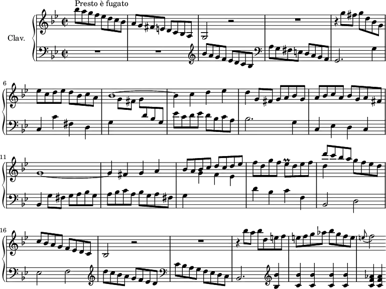 \version "2.18.2"
\header {
  tagline = ##f
  % composer = "Domenico Scarlatti"
  % opus = "K. 373"
  % meter = "Presto è fugato"
}
%% les petites notes
trillEesp     = { \tag #'print { ees8\prall } \tag #'midi { f32 ees f ees } }
upper = \relative c'' {
  \clef treble 
  \key g \minor
  \time 2/2
  \tempo 2 = 96
  \set Staff.midiInstrument = #"harpsichord"
  \override TupletBracket.bracket-visibility = ##f
      s8*0^\markup{Presto è fugato}
      bes'8 a g f ees d c bes | a8 g fis e d c bes a | g2 r2 | R1 |
      % ms. 5
      r4 g''8 fis g d bes g | ees' c d ees d bes c a | bes1~ | bes4 c d ees |
      % ms. 9
      d4 g,8 fis g a bes g | a bes c a bes g a fis | g1~ | g4 fis g a | \stemUp
      % ms. 13
      bes8 a bes c d c d ees | \stemNeutral f d g f \trillEesp d8 ees f | << { d'8 c bes a } \\ { d,4 } >> g8 f ees d | c bes a g f ees d c | 
      % ms. 17
      bes2 r2 | R1 | r4 bes''8 a bes d, e f | e f g aes bes g f e | 
      % ms. 21
      \appoggiatura e8 f2
}
lower = \relative c' {
  \clef bass
  \key g \minor
  \time 2/2
  \set Staff.midiInstrument = #"harpsichord"
  \override TupletBracket.bracket-visibility = ##f
    % ************************************** \appoggiatura a16  \repeat unfold 2 {  } \times 2/3 { }   \omit TupletNumber 
      R1*2 |   \clef treble  bes'8 a g f ees d c bes |   \clef bass a8 g fis e d c bes a |
      % ms. 5
      g2. g'4 | c, c' fis, d | g \stemDown \change Staff = "upper"    g'8 fis g \stemUp \change Staff = "lower" d bes g | \stemNeutral ees' c d ees d bes c a | 
      % ms. 9
      bes2. g4 | c, ees d c | bes g'8 fis g a bes g | a bes c a bes g a fis |
      % ms. 13
      g4 \stemDown \change Staff = "upper"  g' f ees | \stemNeutral \change Staff = "lower" d bes c f, | bes,2 d | ees f |   \clef treble 
      % ms. 17
       d''8 c bes a g f ees d |   \clef bass  c bes a g f ees d c | bes2.   \clef treble  < bes' bes' >4 | < c bes' > q q q |
      % ms. 21
      < c f aes >4 q 
}
thePianoStaff = \new PianoStaff <<
    \set PianoStaff.instrumentName = #"Clav."
    \new Staff = "upper" \upper
    \new Staff = "lower" \lower
  >>
\score {
  \keepWithTag #'print \thePianoStaff
  \layout {
      #(layout-set-staff-size 17)
    \context {
      \Score
     \override SpacingSpanner.common-shortest-duration = #(ly:make-moment 1/2)
      \remove "Metronome_mark_engraver"
    }
  }
}
\score {
  \keepWithTag #'midi \thePianoStaff
  \midi { }
}