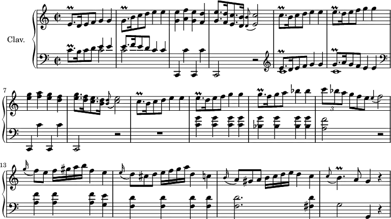 
\version "2.18.2"
\header {
  tagline = ##f
  % composer = "Domenico Scarlatti"
  % opus = "K. 270"
  % meter = "Allegro"
}

%% les petites notes
trillEqpUpUp     = { \tag #'print { e''8.\prall } \tag #'midi { f32 e f e~ e16 } }
trillEqpDown     = { \tag #'print { e,8.\prall } \tag #'midi { f32 e f e~ e16 } }
trillEqp         = { \tag #'print { e8.\prall } \tag #'midi { f32 e f e~ e16 } }
trillGqp         = { \tag #'print { g8.\prall } \tag #'midi { a32 g a g~ g16 } }
trillCqp         = { \tag #'print { c8.\prall } \tag #'midi { a32 g a g~ g16 } }
trillCqpUp       = { \tag #'print { c'8.\prall } \tag #'midi { a32 g a g~ g16 } }
trillBpAppo      = { \tag #'print { \appoggiatura c8 b4.\prall } \tag #'midi { c8 c32 b c b~ b8 } }
AppoFb           = { \tag #'print { \appoggiatura e4 f2 } \tag #'midi { e4   \tempo 2 = 40 f4   \tempo 2 = 72 } }
AppoECb          = { \tag #'print { \appoggiatura < d b' >8 < e c' >2 } \tag #'midi { < d b' >4   \tempo 2 = 40 < e c' >4   \tempo 2 = 72 } }
AppoCEb          = { \tag #'print { \appoggiatura < b d >8 < c e >2 } \tag #'midi { < b d >4   \tempo 2 = 40 < c e >4    \tempo 2 = 72 } }

upper = \relative c'' {
  \clef treble 
  \key c \major
  \time 2/2
  \tempo 2 = 72
  \set Staff.midiInstrument = #"harpsichord"
  \override TupletBracket.bracket-visibility = ##f

      %s8*0^\markup{Allegro}
      \trillEqpDown d16 e8 f g4 g | \trillGqp b16 c8 d e4 e | < g, e' >4 < a f' > < g e' > < f d' > | < g e' >8. < f d' >16 < e c' >8. < d b' >16 \AppoECb |
      % ms. 5
      \trillCqpUp b16 c8 d e4 e | \trillEqp d16 e8 f g4 g | < e g >4 < f a > < e g > < d f > | < e g >8. < d f >16 < c e >8. < b d >16 \AppoCEb |
      % ms. 9
      \trillCqp b16 c8 d e4 e | \trillEqp d16 e8 f g4 g | \trillGqp f16 g8 a bes4 bes | \times 2/3 { c8 bes a } \omit TupletNumber  \times 2/3 { g8[ f e] } \AppoFb |
      % ms. 13
      \appoggiatura g16 f8[ e] f16 gis a b f4 e | \appoggiatura e16 \times 2/3 { d8[ cis d] } e16 f g a d,4 c | \appoggiatura b16 \times 2/3 { a8[ gis a] } b16 c d e d4 c | \trillBpAppo a8 g4 r4 
      % ms. 17
      
      % ms. 22
      

}

lower = \relative c' {
  \clef bass
  \key c \major
  \time 2/2
  \set Staff.midiInstrument = #"harpsichord"
  \override TupletBracket.bracket-visibility = ##f

    % **************************************
      \trillCqp b16 c8 d << { e4 e | e8. f16 e8 d c4 c } \\ { c2 | c2 } >> | c,,4 c'' c,, c'' | c,,2 r2 | \clef treble  
      % ms. 5
      << { \trillEqpUpUp d16 e8 f g4 g | \trillGqp a16 g8 f e4 e } \\ { c1 | c1 } >> |  \clef bass c,,4 c'' c,, c'' | c,,2 r2
      % ms. 9
      R1 | < c''g' >4 q q q | < bes g' >4 q q q | < a f' >2 r2 |
      % ms. 13
      < a f' >4 q q < g e' > | < f d' >4 q q q | q2. < fis d' >4 | g2 g,4 r4 
      % ms. 17
      
      % ms. 22
      

}

thePianoStaff = \new PianoStaff <<
    \set PianoStaff.instrumentName = #"Clav."
    \new Staff = "upper" \upper
    \new Staff = "lower" \lower
  >>

\score {
  \keepWithTag #'print \thePianoStaff
  \layout {
      #(layout-set-staff-size 17)
    \context {
      \Score
     \override SpacingSpanner.common-shortest-duration = #(ly:make-moment 1/2)
      \remove "Metronome_mark_engraver"
    }
  }
}

\score {
  \keepWithTag #'midi \thePianoStaff
  \midi { }
}
