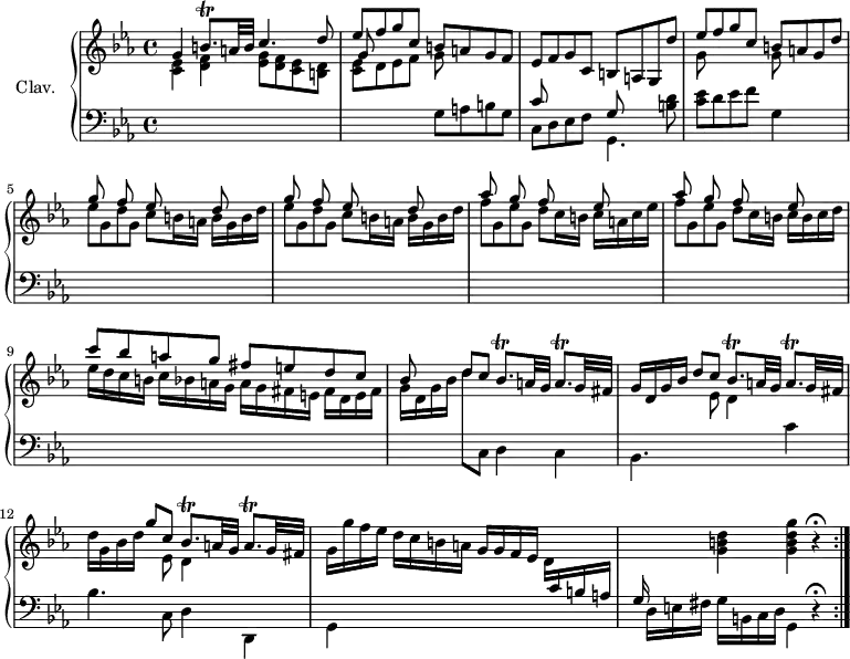 \version "2.18.2"
\header {
  tagline = ##f
}
%% les petites notes
trillBqp       = { \tag #'print { b8.\trill } \tag #'midi { c32 b c b c b } }
trillBesqp     = { \tag #'print { bes8.\trill } \tag #'midi { c32 bes c bes c bes } }
trillAqp       = { \tag #'print { a8.\trill } \tag #'midi { bes32 a bes a bes a } }
upper = \relative c'' {
  \clef treble 
  \key c \minor
  \time 4/4
  \tempo 4 = 84
  \set Staff.midiInstrument = #"harpsichord"
  \repeat volta 2 {
     g4 \trillBqp a32 b \stemUp c4. d8 | << { ees f g c, b a g f | ees f g c, b a g d'' } \\ { \shiftOn \stemUp g,8 s8 s4 \stemDown g8 s8 s4 } >>  
     % ms. 4
     << { ees'8 f g c, b a g d' } \\ { g,8 s8 s4 g8 } >> | \stemDown \repeat unfold 2 { ees'8 g, d' g, c8 b16 a b g b d }
     % ms. 7
     f8 g, ees' g, d' c16 b c a c ees | f8 g, ees' g, d' c16 b c b c d | ees16 d c b  c bes a g a g fis e fis d e fis |
     % ms. 10
      \repeat unfold 2 { g16 d g bes \stemUp d8 c \stemNeutral \trillBesqp a32 g \trillAqp g32 fis } | d'16 g, bes d << { g8 c, \trillBesqp a32 g \trillAqp g32 fis } \\ { s8 ees8 d4 } >>
     % ms. 13
     g16 g' f ees d c b a g g f ees d \change Staff = "lower"  c b a | \stemUp g16 \stemNeutral \change Staff = "upper" s16 s8 < g' b d >4 < g b d g > r4\fermata 
}% reprise
     
}
lower = \relative c' {
  \clef bass
  \key c \minor
  \time 4/4
  \set Staff.midiInstrument = #"harpsichord"
  \repeat volta 2 {
    % *****************************
      \stemDown \change Staff = "upper" < c ees >4 < d f> < ees g >8 < d f > < c ees > < b d > | < c ees > d8 ees f \change Staff = "lower" g, a b g | << { c8 s8 s4 g8 } \\ { c,8 d ees f | g,4. } >> < b' d >8
     % ms. 4
     < c ees >8 d ees f | g,4 s4 | \stemUp \change Staff = "upper" \repeat unfold 2 { g''8 s8 f8 s8 ees8 s8 d8 s8 } | 
     % ms. 7
     \repeat unfold 2 { aes'8 s8 g8 s8 f8 s8 ees8 s8 } | c'8 bes a g fis e d c |
     % ms. 10
      bes s8 \stemDown d8 \change Staff = "lower" c,, d4 c | bes4. \change Staff = "upper" ees'8 d4 \change Staff = "lower" c4 | bes4. c,8 d4 d, 
     % ms. 13
     | g4 s16 s2. |   \tempo 4 = 78 d'16 e fis g b,  \tempo 4 = 68 c d   \tempo 4 = 50 g,4 r4\fermata   \tempo 4 = 84
}% reprise
}
thePianoStaff = \new PianoStaff <<
    \set PianoStaff.instrumentName = #"Clav."
    \new Staff = "upper" \upper
    \new Staff = "lower" \lower
  >>
\score {
  \keepWithTag #'print \thePianoStaff
  \layout {
      #(layout-set-staff-size 17)
    \context {
      \Score
     \override SpacingSpanner.common-shortest-duration = #(ly:make-moment 1/2)
      \remove "Metronome_mark_engraver"
    }
  }
}
\score {
  \unfoldRepeats
  \keepWithTag #'midi \thePianoStaff
  \midi { }
}