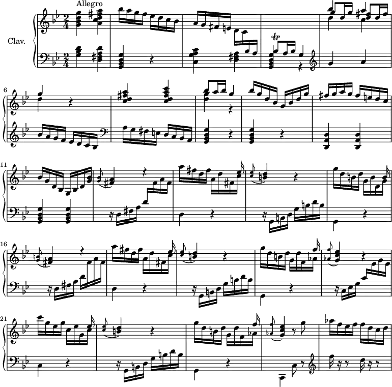 \version "2.18.2"
\header { 
  tagline = ##f
  % composer = "Domenico Scarlatti"
  % opus = "K. 31"
  % meter = "Allegro"
}
%% les petites notes
trillBesq     = { \tag #'print { bes8\trill } \tag #'midi { c32 bes c bes } }
appoGCEes     = { \tag #'print { \appoggiatura < aes f' >8 < g c ees >4 } \tag #'midi { < aes f' >8 < g c ees >8 } }
appoBD        = { \tag #'print { \appoggiatura < c ees >8 < b d >4 } \tag #'midi { < c ees >8 < b d >8 } }
appoFisA      = { \tag #'print { \appoggiatura < g b >8 < fis a >4 } \tag #'midi { < g b >8 < fis a >8 } }
appoFisABes   = { \tag #'print { \appoggiatura < g bes >8 < fis a >4 } \tag #'midi { < g bes >8 < fis a >8 } }
upper = \relative c'' {
  \clef treble 
  \key g \minor
  \time 2/4
  \tempo 4 = 92
  \set Staff.midiInstrument = #"harpsichord"
  \override TupletBracket.bracket-visibility = ##f
      s8*0^\markup{Allegro}
      < g bes d g >4 < a c d fis a > bes'16 a g f ees d c bes | a g fis e d c \stemUp \change Staff = "lower" bes a | \trillBesq a16 bes g4 | \change Staff = "upper" << { bes''4 a | g } \\ { \shiftOn \stemUp  g8 d16 g < d fis >8 d16 fis } \\ { \stemDown d4 c | d } >> r4 |
      % ms. 7
      < c d fis a >4 < c d fis a c > | << { bes'8 a16 bes | g4 } \\ { < d g >4 r4 } >> | bes'16 g d bes g bes d g | fis g a g fis e d c |
      % ms. 11
      bes16 g d bes g bes d < g bes > | \appoFisABes e'4\rest | << { s4 s16 s8 ees16 } \\ { a16 fis d fis a,16 d fis, c' } >> | \appoBD r4  | << { s4 s16 s8 b16 } \\ { g'16 d b d g, b d, g } >>
      % ms. 16
      \appoFisA e'4\rest << { s4 s16 s8 ees16 } \\ { a16 fis d fis a,16 d fis, c' } >> | \appoBD r4  | << { s4 s16 s8 f'16 } \\ { g16 d b d g, d' f, aes } >> \appoGCEes r4
      % ms. 21
      << { s4 s16 s8 ees'16 } \\ { c'16 g ees g c, ees g, c } >> | \appoBD r4 | << { s4 s16 s8 f'16 } \\ { g16 d b d g, d' f, aes } >> \appoGCEes r8 \stemNeutral g'8 | aes16 f ees f f d c d |
}
lower = \relative c' {
  \clef bass
  \key g \minor
  \time 2/4
  \set Staff.midiInstrument = #"harpsichord"
  \override TupletBracket.bracket-visibility = ##f
    % ************************************** \appoggiatura a8  \repeat unfold 2 {  } \times 2/3 { }   \omit TupletNumber 
      < g bes d >4 < d fis a d > | < g, bes d g > r4 | < c g' a c >4 < d fis a > | < g, bes d g > r4 |   \clef treble g''4 a |
      % ms. 6
      bes16 a g f ees d c bes |   \clef bass a g fis e d c bes a | < g bes d g >4 r4 | q r4 | < d a' d >4 q |
      % ms. 11
      < g bes d g >4 q | \repeat unfold 2 { r16 d'16 fis a d \stemDown \change Staff = "upper" fis a fis | \change Staff = "lower" d,4 r4 | r16 g,16 b d g b d b | g,4 r4 } |
      % ms. 16
      r16 c16 ees g \stemUp c \stemDown \change Staff = "upper" ees g ees | \change Staff = "lower" 
      % ms. 21
      c,4 r4 | r16 g16 b d g b d b | g,4 r4 | c,4 c'8 r8 |   \clef treble  f''16 r16 r8  d16 r16 r8 |
}
thePianoStaff = \new PianoStaff <<
    \set PianoStaff.instrumentName = #"Clav."
    \new Staff = "upper" \upper
    \new Staff = "lower" \lower
  >>
\score {
  \keepWithTag #'print \thePianoStaff
  \layout {
      #(layout-set-staff-size 17)
    \context {
      \Score
     \override SpacingSpanner.common-shortest-duration = #(ly:make-moment 1/2)
      \remove "Metronome_mark_engraver"
    }
  }
}
\score {
  \keepWithTag #'midi \thePianoStaff
  \midi { }
}