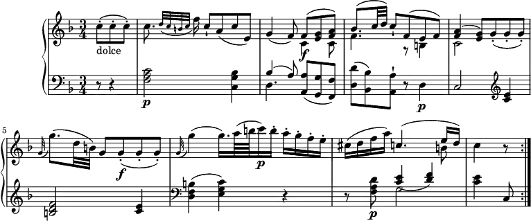 \version "2.18.2"
\header {
  tagline = ##f
}
upper = \relative c' {
         \clef "treble" 
         \tempo " Andante cantabile"
         \key f \major
         \time 3/4 
         \tempo 4 = 60
     \partial 4. c'8-. _ \markup {dolce} (c-. c-.)
     c8. \grace { d32 ( c b c} f16) c8-! a (c e,)
     g4 (f8)   <<{\stemDown c4\f c8 f4. g,8\rest b4 c2 s4} \\ {\stemUp f8 ^(<e g>8 <f a>) bes8. ^(c32 d) c8-! f, ^(e f) <f a>4 ^(<e g>8)  g8-. (g-. g-.)}>>
     \grace g32 (g'8.) (d32 b) g8 g8-.\f (g-. g-.)
     \grace g32 (g'4) (g16.) a64 (b c16 \p) b-. a-. g-. f-. e-.
      cis (d f a)  <<{\stemDown s4. b,8} \\ {  \stemUp c4. ^( e16 d)}>>
      c4 r8 \bar ":|."
}
lower =\relative c {      
         \clef "bass" 
         \key f \major
         \time 3/4 
       \partial 4. r8 r4
        <f a c>2 \p <c g' bes>4
        <<{\stemDown d4. } \\ {\stemUp bes'4 ^(a8) }>> <a, a'>8 (<g g'> <f f'>)
        <d' d'> ^(<bes bes'>) <a a'-!> r d4\p
        c2    \clef "treble"  <c'e>4 <b d f>2 <c e>4
         \clef "bass" <d, f b>4 (<e g c>) r4
        r8 <f a d>8\p  <<{\stemDown g2} \\ {\stemUp <c e>4 (<d f>)}>>
        <c e>4  c,8 \bar ":|."
  }          
\score {
  \new PianoStaff <<  
    \new Staff = "upper" \upper
    \new Staff = "lower" \lower
  >>
  \layout {
    \context {
      \Score
      \remove "Metronome_mark_engraver"
    }
  }
  \midi { }
}
