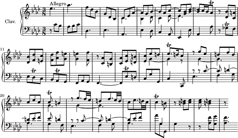 \version "2.18.2"
\header {
  tagline = ##f
}
%% les petites notes
trillGesq     = { \tag #'print { ges8\trill } \tag #'midi { aes32 ges aes ges } }
trillEesqUp   = { \tag #'print { ees'8\trill } \tag #'midi { f32 ees f ees } }
trillAesq     = { \tag #'print { aes8\trill } \tag #'midi { bes32 aes bes aes } }
trillDesq     = { \tag #'print { des8\trill } \tag #'midi { ees32 des ees des } }
trillEesqp    = { \tag #'print { ees8.\trill } \tag #'midi { f32 ees f ees~ ees16 } }
trillCq       = { \tag #'print { c8\trill } \tag #'midi { d32 c d c } }
trillC        = { \tag #'print { c4\trill } \tag #'midi { d32 c d c~ c8 } }
upper = \relative c'' {
  \clef treble 
  \key aes \major
  \time 3/8
  \tempo 4. = 72
  \set Staff.midiInstrument = #"harpsichord"
  \override TupletBracket.bracket-visibility = ##f
    s8*0^\markup{Allegro}
    ees4. | aes | f8 des bes g des bes | << { \mergeDifferentlyDottedOn c8 ees aes~ | aes8 g bes~ | bes aes c~ | c < g bes >8 < bes des >~ | q c16 bes \trillAesq } \\ { c,4. | bes4 des8 | c4 ees8~ | ees4. } >> |
    % m. 10
    r8 < des bes' >8 < c a' > | < des bes' > < f des' > < e c' > |
    % ms. 12
    < f des' >8 < aes f' > < g e' > | q4 < f f' >8 | r8 < c aes' >8 < b g' > < c aes' > < ees c' > < d b' > << { < ees c' > ees' d | \trillEesqp  d16 c8 } \\ { s8 g4~ | g4 r8 } >>
    % ms. 18
    << { r8 g'8 ees | d f d | c ees c | \trillCq b4 | r8 g'8. f32 ees | d8 f8. ees32 d } \\ { s8 g,4~ g4. | s4. | g4. | s8 g4~ | g4. } >> |
    % ms. 24
    c8 ees8. d32 c  | \trillC b8 | r8 < b d >8 < c ees > | q < b d >4 | r8
 
}
lower = \relative c' {
  \clef bass
  \key aes \major
  \time 3/8
  \set Staff.midiInstrument = #"harpsichord"
    % **************************************
     r8 c8 bes | aes bes c | des,4. | ees | aes, |
     % ms. 6
     ees'4 des8 | c4 aes8 | ees4 ees'8 | aes,4 aes'8 | r8 \trillGesq f8 | ees \trillDesq c8 |
     % ms. 12
     bes8 \trillAesq g8 | f aes g | f4.~ | f8 \trillEesqUp d8 | c g' g, | c4 c,8 |
     % ms. 18
     << { r8 r8 c''8~ | c d4~ | d8 ees f | ees8 d4 | r8 r8 c8~ | c d4~ | d8 ees f | s8 g,4 } \\ { ees4. | f4 g8 | aes4. | g4 f8 | ees4. | f4 g8 | aes4. | aes'8 g, g, } >> g'4 r8
     % ms. 24
     r8 < aes f' >8 < g g' > | < aes f' >4.*1/2
}
thePianoStaff = \new PianoStaff <<
    \set PianoStaff.instrumentName = #"Clav."
    \new Staff = "upper" \upper
    \new Staff = "lower" \lower
  >>
\score {
  \keepWithTag #'print \thePianoStaff
  \layout {
      #(layout-set-staff-size 17)
    \context {
      \Score
     \override SpacingSpanner.common-shortest-duration = #(ly:make-moment 1/2)
      \remove "Metronome_mark_engraver"
    }
  }
}
\score {
  \keepWithTag #'midi \thePianoStaff
  \midi { }
}