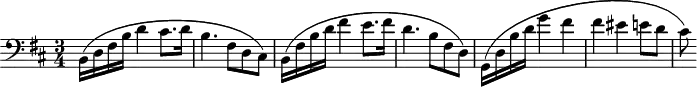 \header {
  tagline = ##f
}
\score {
  \new Staff \with {
  }
<<
  \relative c {
    \key b \minor
    \time 3/4
    \clef bass
    \override TupletBracket #'bracket-visibility = ##f 
    %\autoBeamOff
     %%%%%%%%%%%%%%%%%%%%%%%%%% Préludes Opus 28/6
     b16( d fis b d4 cis8. d16 b4. fis8 d cis)
     b16( fis' b d fis4 e8. fis16 d4. b8 fis d)
     g,16( d' b' d g4 fis fis eis e!8 d cis )
  }
>>
  \layout {
    \context {
      \remove "Metronome_mark_engraver"
    }
  }
  \midi {}
}