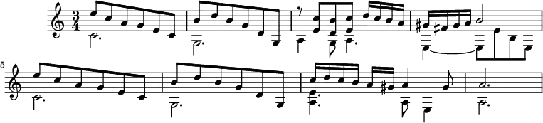 \header {
  tagline = ##f
}
\score {
  \new Staff \with {
  }
<<
  \relative c' {
    \key c \major
    \time 3/4
    \override TupletBracket #'bracket-visibility = ##f 
    \autoBeamOff
    \tempo 4 = 80
    \set Staff.midiInstrument = #"orchestral harp"
     %%%%%%%%%%%%%%%%%%%%%%%%%% Luys de Narváez
     %%%%% Diferencias sobre Guárdame las Vacas
           <<
                 \new Voice                                
                 \relative c''
                 {       \voiceOne 
                         e8 c a g e c b' d b g d g, r8 < c' e, >8 < b d, >8 < c e, >8 d16 c b a gis fis gis a b2 e8 c a g e c b' d b g d g, c'16 d c b a gis a4 gis8 a2.
                 }
                                        
                 \new Voice              
                 \relative c'
                 {      \voiceTwo          
                         c2. g a4 g8 a4. e4~ e8 e' b e,
                         c'2. g < a e' >4. a8 e4 a2.       
                 }
         >>
  }
>>
  \layout {
    \context { \Score \remove "Metronome_mark_engraver" }
    \context {
      \remove "Metronome_mark_engraver"
    }
  }
  \midi {}
}