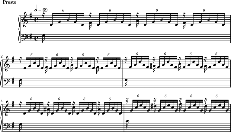 
\version "2.18.2"
\header {
  tagline = ##f
}
upper = \relative c'' {
  \clef treble 
  \key g \major
  \time 4/4
  \tempo 2 = 69
  \override TupletBracket.bracket-visibility = ##f

   %%Montgeroult — Étude 37 (pdf p. 104)
   \repeat unfold 4 { \times 4/6 { g'16\rest d,16 g b g d } }
   \repeat unfold 4 { \times 4/6 { g'16\rest e,16 g c g e } }
   \repeat unfold 4 { \times 4/6 { g'16\rest fis,16 a d a fis } }
   \repeat unfold 4 { \times 4/6 { g'16\rest d,16 g b g d } }
   \repeat unfold 4 { \times 4/6 { \stemUp c''16\rest g,16 c e c g } }

}

lower = \relative c' {
  \clef bass
  \key g \major
  \time 4/4

  \repeat unfold 2 { \change Staff = "lower" g16 s16 s8 \change Staff = "upper" \stemDown fis'16 s16 s8 a16 s16 s8 fis16 s16 s8}
  \change Staff = "lower" g,16 s16 s8 \change Staff = "upper" \stemDown gis'16 s16 s8 b16 s16 s8 gis16 s16 s8
  \change Staff = "lower" g,16 s16 s8 \change Staff = "upper" \stemDown ais'16 s16 s8 c16 s16 s8 ais16 s16 s8  
  \change Staff = "lower" c,16 s16 s8 \change Staff = "upper" \stemDown dis'16 s16 s8 fis16 s16 s8 dis16 s16 s8

}

  \header {
    piece = "Presto"
  }

\score {
  \new PianoStaff <<
    \new Staff = "upper" \upper
    \new Staff = "lower" \lower
  >>
  \layout {
      \context { \Staff \RemoveEmptyStaves }
  }
  \midi { }
}
