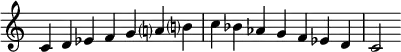 {
\override Score.TimeSignature #'stencil = ##f
\relative c' { 
  \clef treble \time 7/4
  c4^\markup {} d es f g a!? b!?
  c bes aes g f es d
  c2
  }
}