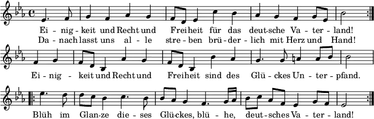  \relative c'
{ \key es \major \time 4/4 \autoBeamOff
\partial 2 \repeat volta 2 { es4. f8 g4 f | as g f8[ d] es4 | c' bes as g | f g8[ es] bes'2 }
f4 g f8[ d] bes4 | as' g f8[ d] bes4 | bes' as g4. g8 | a4 a8[ bes] bes2 |
\repeat volta 2 { es4. d8 d[ c] bes4 | c4. bes8 bes[ as] g4 |
f4. g16[ as] bes8[ c] as[ f] | es4 g8[ f] es2 } }
\addlyrics {
<<
{ Ei -- nig -- keit und Recht und Frei -- heit
für das deut -- sche Va -- ter -- land!
}
\new Lyrics
{ Da -- nach lasst uns al -- le stre -- ben
brü -- der -- lich mit Herz und Hand! }
>>
Ei -- nig -- keit und Recht und Frei -- heit
sind des Glü -- ckes Un -- ter -- pfand.
Blüh im Glan -- ze die -- ses Glü -- ckes,
blü -- he, deut -- sches Va -- ter -- land!
}