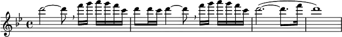 \new Score {
<<
  \new Staff {
    \relative c''' {
      \key g \minor
      \time 4/4
      \set Staff.midiInstrument = #"piccolo"
      d2~ d8 \breathe f16 g16 a16 g16 f16 c16 d8 d16 c16 d4~ d8 \breathe f16 g16 a16 g16 f16 c16 d2.(~ d8. f16 d1)
    }
  }
>>
}