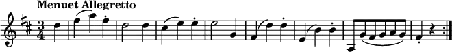 
\relative c'' {
  \version "2.18.2"
    \key d \major
    \time 3/4   
    \tempo "Menuet Allegretto"
    \tempo 4 = 140
    \partial 4 d4 fis (a) fis-.
    d2 d4
    cis (e) e-.
    e2 g,4
    fis (d') d-.
    e, (b') b-.
    a,8 g' (fis g a g)
    fis4-. r \bar ":|."
}
