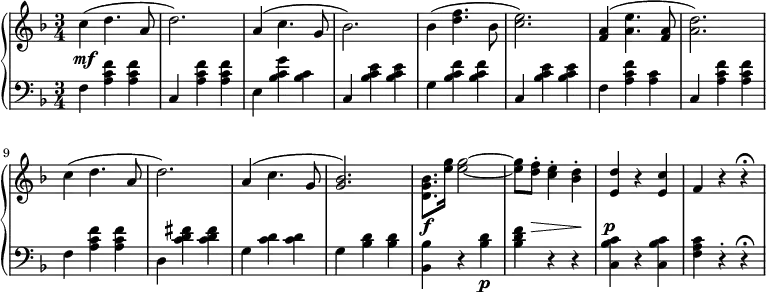 \relative b' {
 \new PianoStaff <<
  \new Staff { \key d \minor \time 3/4
  c( d4. a8 d2.) a4( c4. g8 bes2.) bes4( <d f>4. bes8 <c e>2.) <f, a>4( <a e'>4. <f a>8 <a d>2.) c4( d4. a8 d2.) a4( c4. g8 <g bes>2.) <d g bes>8. <e' g>16 <e g>2~ <e g>8 <d f>-. <c e>4-. <bes d>-. <d e,>4 r <c e,> f, r r\fermata
  }
  \new Dynamics {
  s\mf s4. s8 s2. s4 s4. s8 s2. s4 s4. s8 s2. s4 s4. s8 s2. s4 s4. s8 s2. s4 s4. s8 s2. s8.\f s16 s2~ s8 s\> s4 s\! s\p s s s s s
  }
  \new Staff { \key d \minor \time 3/4 \clef bass
  f,4 <a c f> <a c f> c, <a' c f> <a c f> e <bes' c g'> <bes c> c, <bes' c e> <bes c e> g <bes c f> <bes c f> c, <bes' c e> <bes c e> f4 <a c f> <a c> c, <a' c f> <a c f> f <a c f> <a c f> d, <c' d fis> <c d fis> g <c d> <c d> g <bes d> <bes d> <bes bes,> r <bes d>\p <bes d f> r r <bes c c,> r <bes c c,> <f a c> r-. r\fermata
  }
 >>
 }