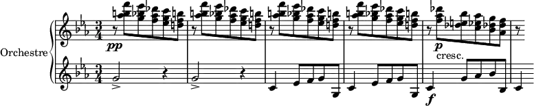 \version "2.14.2"
\header {
  tagline = ##f
}
upper = \relative c'' {
  \clef treble 
  \key ees \major
  \time 3/4
  \tempo 4 = 110
  %\autoBeamOff
   \set Staff.midiInstrument = #"string ensemble 1"
   %%%%%%%%%%%%%%%%% AB-8-2 th1
  r8\pp \repeat unfold 4 { < f' b,! aes >8 < ees bes g > < des aes f > < c g ees > < b! f d! > r8 }
  < des aes f >8\p-"cresc." < bes e,! des > < aes ees c > < g des! bes > < f des aes > r8
}
lower = \relative c' {
  \clef bass
  \key ees \major
  \time 3/4
  \set Staff.midiInstrument = #"string ensemble 1"
    
   \clef treble \repeat unfold 2 { g'2-> r4 } \repeat unfold 2 { c,4 ees8 f g g, } c4\f g'8 aes bes bes, c4
   
} 
\score {
  \new PianoStaff <<
    \set PianoStaff.instrumentName = #"Orchestre"
    \new Staff = "upper" \upper
    \new Staff = "lower" \lower
  >>
  \layout {
    \context {
      \Score
      \remove "Metronome_mark_engraver"
    }
  }
  \midi { }
}