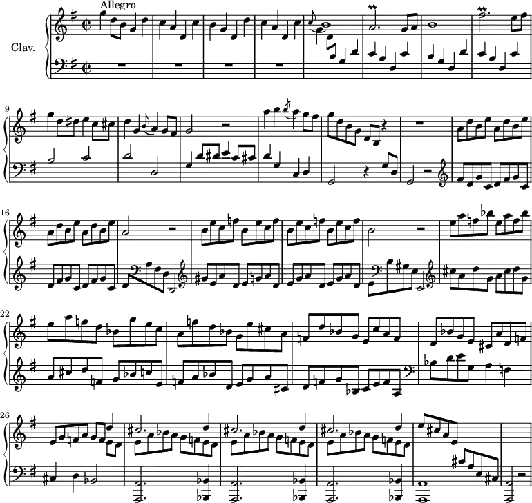 \version "2.18.2"
\header {
  tagline = ##f
}
%% les petites notes
trillAbp        = { \tag #'print { a2.\prall } \tag #'midi { b16 a b a b a b a~ a4 } }
trillFisbpUp    = { \tag #'print { fis'2.\prall } \tag #'midi { g16 fis g fis g fis g fis~ fis4 } }
upper = \relative c'' {
  \clef treble 
  \key g \major
  \time 2/2
  \tempo 2 = 98
  \set Staff.midiInstrument = #"harpsichord"
  \override TupletBracket.bracket-visibility = ##f
      s8*0^\markup{Allegro}
      g'4 d8 b g4 d' | c a d, c' | b g d | d' | c a d, c' |
      % ms. 5
      \appoggiatura c8 b1 | \trillAbp g8 a | b1 | \trillFisbpUp e8 fis |
      % ms. 9
      g4 d8 dis e4 c8 cis | d4 g, \appoggiatura b8 a4 g8 fis | g2 r2 |  a'4 b \acciaccatura b8 a4 g8 fis |
      % ms. 13
      g8 d b g d b r4 | R1 | \repeat unfold 4 { a'8 d b e } |
      % ms. 17
      a,2 r2 | \repeat unfold 4 { b8 e c f } | b,2 r2 |
      % ms. 21
      \repeat unfold 2 { e8 a f bes } | e,8 a f d bes g' e c | a f' d bes g e' cis a | f d' bes g e c' a f |
      % ms. 25
      d8 bes' g e cis a' d, f | e g f a g f << { d'4  } \\ { e,8 d } >> 
      \repeat unfold 3 { << { cis'2. d4 } \\ { e,8 a bes a g f e d } >> }
      % ms. 30
      e'8 cis a e | \stemUp \change Staff = "lower" cis8 a e cis | s1 
}
lower = \relative c' {
  \clef bass
  \key g \major
  \time 2/2
  \set Staff.midiInstrument = #"harpsichord"
  \override TupletBracket.bracket-visibility = ##f
    % **************************************
      R1*4 | \stemDown \change Staff = "upper" g'4 d8 \stemUp \change Staff = "lower" b g4 d' | c a d, c' | b g d d'  | c a d, c' | 
      % ms. 9
      b2 c | d d, | g4 d'8 dis e4 c8 cis | d4 g, c, d |
      % ms. 13
      g,2 r4 | g'8 d | g,2 r2 |   \clef treble  fis''8 d g c, | \repeat unfold 3 { d8 fis g c, } |
      % ms. 17
      d8 \clef bass \stemDown a fis d \stemNeutral d,2 |  \clef treble 
      % ms. 12
      gis''8 e a d, \repeat unfold 3 { e g a d, } | e8 \clef bass \stemDown b gis e \stemNeutral e,2 |  \clef treble 
      % ms. 21
      cis'''8 a d g, a cis d g, | a cis d f, g bes c e, | f a bes d, e g a cis, | d f g bes, c e f a, |   \clef bass
      % ms. 25
      bes8 d e g, a4 f | cis d bes2 | \repeat unfold 3 { < a, a' >2. < bes bes' >4 } |
      % ms. 30
      < a a' >1 | q2 r2
}
thePianoStaff = \new PianoStaff <<
    \set PianoStaff.instrumentName = #"Clav."
    \new Staff = "upper" \upper
    \new Staff = "lower" \lower
  >>
\score {
  \keepWithTag #'print \thePianoStaff
  \layout {
      #(layout-set-staff-size 17)
    \context {
      \Score
     \override SpacingSpanner.common-shortest-duration = #(ly:make-moment 1/2)
      \remove "Metronome_mark_engraver"
    }
  }
}
\score {
  \keepWithTag #'midi \thePianoStaff
  \midi { }
}