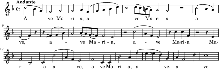 <<
    \new Voice = "melody" \relative c' {
       \version "2.18.2"
       \key f \major
       \time 2/2
       \tempo "Andante"
      c'2 (bes4 g) f2 g g a4 f (\melisma g a bes d) c2 \melismaEnd  d8 (c) b (a) a2 g r1
      c2 (bes4 a) e2 (f4) r
      r fis (\melisma g bes) 
      a2 \melismaEnd bes8 (a) g (f!)
      f2 e r
      c' (a4 f) e2
      r4 c' c f,
      r2 r4 e
      f2 \melisma 
      bes, \melismaEnd c c' (a4 f) e2
      f c4 c bes'2 a4 f' (e ees d) g, a \melisma f2 d'4 \melismaEnd c1
    }
    \new Lyrics \lyricsto "melody" {
    A -- ve Ma -- ri -- a,  a --  ve Ma -- ri -- a
    a -- ve, a -- ve Ma -- ri -- a, a -- ve Ma -- ri -- a Ma -- ri --a a -- ve, 
    a -- ve Ma -- ri -- a,  a -- ve, a -- ve}
 >>
