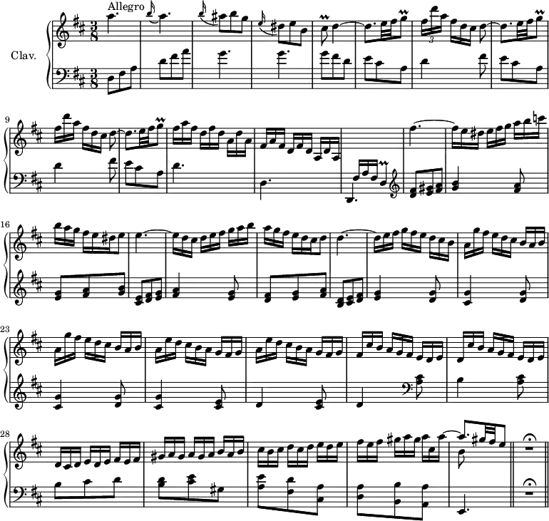 
\version "2.18.2"
\header {
  tagline = ##f
  % composer = "Domenico Scarlatti"
  % opus = "K. 161"
  % meter = "Allegro"
}

%% les petites notes
trillGq       = { \tag #'print { g8\prall } \tag #'midi { a32 g a g } }
trillCisq     = { \tag #'print { cis8\prall } \tag #'midi { d32 cis d cis } }
trillD        = { \tag #'print { d4\prall } \tag #'midi { e32 d e d e   \tempo 4. = 10 d~ d16   \tempo 4. = 52 } }

upper = \relative c'' {
  \clef treble 
  \key d \major
  \time 3/8
  \tempo 4. = 52
  \set Staff.midiInstrument = #"harpsichord"
  \override TupletBracket.bracket-visibility = ##f

      s8*0^\markup{Allegro}
      a'4. | \appoggiatura b16 a4. | \appoggiatura b16 ais8 b g \appoggiatura e16 dis8 e b | \trillCisq d4~ | \repeat unfold 2 { d8. e32 fis \trillGq | \times 2/3 { fis16 d' a }   \omit TupletNumber  \times 2/3 { fis16[ d cis] } d8~ } |
      % ms. 10
      d8. e32 fis \trillGq | \times 2/3 { fis16 a fis } \times 2/3 { d16[ fis d] } \times 2/3 { a16 d a } | \times 2/3 { fis16[ a fis] } \times 2/3 { d16 fis d } \times 2/3 { a16[ d a] } | \stemUp \change Staff = "lower" \times 2/3 { fis16 a fis } \trillD |  \stemNeutral  \change Staff = "upper"
      % ms. 14
      fis''4.~ | \times 2/3 { fis16 e dis } \times 2/3 { e16[ fis g] } \times 2/3 { a16 b c } | \times 2/3 { b16[ a g] } \times 2/3 { fis16 e dis } e8 | e4.~ | \times 2/3 { e16 d cis } \times 2/3 { d16[ e fis] } \times 2/3 { g16 a b } | \times 2/3 { a16[ g fis] } \times 2/3 { e16 d cis } d8
      % ms. 20
      d4.~ | \times 2/3 { d16 e fis } \times 2/3 { g16[ fis e] } \times 2/3 { d16 cis b } | \repeat unfold 2 { \times 2/3 { a16[ g' fis] } \times 2/3 { e16 d cis } \times 2/3 { b16[ a b] } } | \repeat unfold 2 { \times 2/3 { a16[ e' d] } \times 2/3 { cis16 b a } \times 2/3 { g16[ fis g] } } |
      % ms. 26
      \times 2/3 { fis16[ cis' b] } \times 2/3 { a16 g fis } \times 2/3 { e16[ d e] } | \times 2/3 { d16[ cis' b] } \times 2/3 { a16 g fis } \times 2/3 { e16[ d e] } | \times 2/3 { d16 cis d } \times 2/3 { e16[ d e] } \times 2/3 { fis16 e fis } | \times 2/3 { gis16 a gis } \times 2/3 { a16[ gis a] } \times 2/3 { b16 a b } | \times 2/3 { cis16 b cis } \times 2/3 { d16[ cis d] } \times 2/3 { e16 d e }
      % ms. 31
      \times 2/3 { fis16 e fis } \times 2/3 { gis16[ a gis] }  << { \omit TupletNumber  \stemDown \times 2/3 { a16 cis, a'~ } \stemUp | a8. gis32 fis e8 } \\ { s8   \tempo 4. = 30 b8 } >>  | R4.\fermata |

}

lower = \relative c' {
  \clef bass
  \key d \major
  \time 3/8
  \set Staff.midiInstrument = #"harpsichord"
  \override TupletBracket.bracket-visibility = ##f

    % ************************************** \appoggiatura a16  \repeat unfold 2 {  } \times 2/3 { }   \omit TupletNumber 
      d,8 fis a | d fis a | g4. g | g8 fis d | e cis a | \repeat unfold 2 { d4 fis8 |
      % ms. 8
      e8 cis a } | d4. d, d, |   \clef treble 
      % ms. 14
      < d'' fis >8 < e gis > < fis a > | < g b >4 < fis a >8 | < e g > < fis a > < g b > | < cis, e > < d fis > < e g > | < fis a >4 < e g >8 | < d fis > < e g > < fis a > |
      % ms. 20
      < b, d >8 < cis e > < d fis > | < e g >4 < d g >8 | \repeat unfold 2 { < cis g' >4 < d g >8 } | < cis g' >4 < cis e >8 | d4 < cis e >8
      % ms. 26
      d4   \clef bass < a cis >8 | b4 < a cis >8 | b cis d | < b d > < cis e > gis | < a e' >8 < fis d' > < cis a' > |
      % ms. 31
      < d a' >8 < b b' > < a a' > | e4. \bar "||"  R4.\fermata \bar "||"

}

thePianoStaff = \new PianoStaff <<
    \set PianoStaff.instrumentName = #"Clav."
    \new Staff = "upper" \upper
    \new Staff = "lower" \lower
  >>

\score {
  \keepWithTag #'print \thePianoStaff
  \layout {
      #(layout-set-staff-size 17)
    \context {
      \Score
     \override SpacingSpanner.common-shortest-duration = #(ly:make-moment 1/2)
      \remove "Metronome_mark_engraver"
    }
  }
}

\score {
  \keepWithTag #'midi \thePianoStaff
  \midi { }
}
