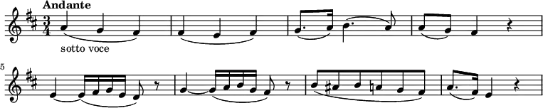 \relative c'' {
  \version "2.18.2"
  \tempo "Andante"
  \key d \major
  \time 3/4
  \tempo 4 = 70
  a4 _ \markup{sotto voce} (g fis)
  fis (e fis)
  g8. (a16) b4. (a8)
  a (g) fis4 r
  e4 ~ e16 (fis g e d8) r
  g4 ~ g16 (a b g fis8) r
  b8 (ais b a g fis)
  a8. (fis16) e4 r
}
