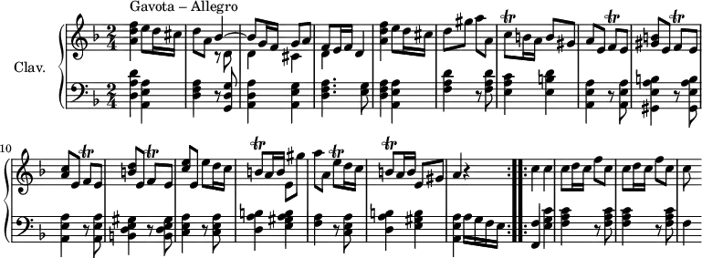 \version "2.18.2"
\header {
  tagline = ##f
}
%% les petites notes
trillCq = { \tag #'print { c8\trill } \tag #'midi { d32 c d c } }
trillFq = { \tag #'print { f8\trill } \tag #'midi { g32 f g f } }
trillBq = { \tag #'print { b8\trill } \tag #'midi { c32 b c b } }
trillEqUp = { \tag #'print { e'8\trill } \tag #'midi { f32 e f e } }
upper = \relative c'' {
  \clef treble 
  \key d \minor
  \time 2/4
  \tempo 4 = 86
  \set Staff.midiInstrument = #"harpsichord"
      s8*0^\markup{Gavota – Allegro}
      < a d f >4 e'8 d16 cis | d8 a << { bes4~ | bes8 g16 f g8 a | f8 e16 f d4 } \\ { r8 d8 | d4 cis | d  } >> |
      % m. 5
      < a' d f >4 e'8 d16 cis | d8 gis a a,  | \trillCq b16 a b8 gis | a e \trillFq e8 | < gis b >8 e \trillFq e8 |
      % m. 10
      < a c >8 e \trillFq e8 | < b' d >8 e, \trillFq e8 | < c' e > e, e' d16 c | \trillBq a16 b e,8 gis' |
      % m. 14
      a8 a, \trillEqUp d16 c | \trillBq a16 b e,8 gis | a4 r4 |
      % m. 17
      c4 c | c8 d16 c | f8 c | c d16 c f8 c | c8
      % m. 5
      
}
lower = \relative c' {
  \clef bass
  \key d \minor
  \time 2/4
  \set Staff.midiInstrument = #"harpsichord"
    % **************************************
\repeat volta 1 {
      < d, a' d >4 < a e' a > | < d f a > r8 < g, d' g >8 | < a d a' >4 < a e' g > | < d f a >4. < e g >8 |
      % m. 5
      < d f a >4 < a e' a > | < f' a d >4 r8 < f a d >8 | < e a c >4 < e b' d > | < a, e' a >4 r8 q8 | < gis e' a b >4 r8 q8 |
      % m. 10
      < a e' a >4 r8 q8 | < b d e gis >4 r8 q8 | < c e a >4 r8 q8 | < d a' b >4 < e gis a b > |
      % m. 14
      < f a >4 r8 < c e a >8 | < d a' b >4 < e gis b > | < a, e' a > a'16 g f e } \set Score.doubleRepeatType = #":..:"
      % ms. 17
\repeat volta 1 {
      < f, f' >4 < e' g c > | \repeat unfold 2 { < f a c > r8 < f a c >8 } | f4
}\bar ""
}
thePianoStaff = \new PianoStaff <<
    \set PianoStaff.instrumentName = #"Clav."
    \new Staff = "upper" \upper
    \new Staff = "lower" \lower
  >>
\score {
  \keepWithTag #'print \thePianoStaff
  \layout {
      #(layout-set-staff-size 17)
    \context {
      \Score
     \override SpacingSpanner.common-shortest-duration = #(ly:make-moment 1/2)
      \remove "Metronome_mark_engraver"
    }
  }
}
\score {
  \keepWithTag #'midi \thePianoStaff
  \midi { }
}