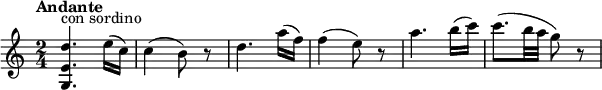 \relative c' {
  \version "2.18.2"
  \tempo "Andante"
  \key c \major
  \time 2/4
  \tempo 4 = 70
 <g e' d'>4.^\markup {con sordino} e''16 (c) c4 (b8) r8 d4. a'16 (f) f4 (e8) r8 a4. b16 (c) c8. (b32 a g8) r8
}