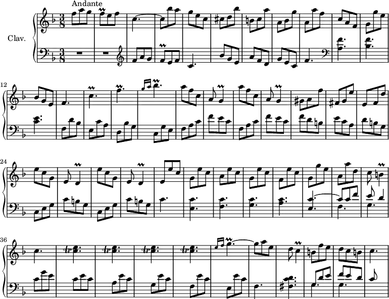 \version "2.18.2"
\header {
  tagline = ##f
  % composer = "Domenico Scarlatti"
  % opus = "K. 151"
  % meter = "Andante — allegro"
}
%% les petites notes
trillFq       = { \tag #'print { f8\prall } \tag #'midi { g32 f g f } }
trillCpUp     = { \tag #'print { c'4.\prall } \tag #'midi { d32 c d c~ c4 } }
trillC        = { \tag #'print { c4\prall } \tag #'midi { d32 c d c~ c8 } }
trillFp       = { \tag #'print { f4.\prall } \tag #'midi { g32 f g f~ f4 } }
trillBesp     = { \tag #'print { \grace { g16 a } bes4.\prall } \tag #'midi { \grace {   \tempo 4. = 36 g16 a }   \tempo 4. = 62 c32 bes c bes~ bes4 } }
trillG        = { \tag #'print { g4\prall } \tag #'midi { a32 g a g~ g8 } }
trillD        = { \tag #'print { d4\prall } \tag #'midi { e32 d e d~ d8 } }
trillB        = { \tag #'print { b4\prall } \tag #'midi { c32 b c b~ b8 } }
trillCAccord  = { \tag #'print { < c-\tweak X-offset #-3 -\tweak extra-offset #'(1.5 . -2.5) \trill e >4. } \tag #'midi { << { } \\ { d32 c d c~ c4 } >> } }
trillGpGrace  = { \tag #'print { \grace { e16 f } g4.\prall~ } \tag #'midi { \grace {   \tempo 4. = 36 e16 f }   \tempo 4. = 62 a32 g a g~ g4~ } }
upper = \relative c'' {
  \clef treble
  \key f \major
  \time 3/8
  \tempo 4. = 62
  \set Staff.midiInstrument = #"harpsichord"
  \override TupletBracket.bracket-visibility = ##f
      s8*0^\markup{Andante}
      f8 a g | \trillFq e8 f | c4.~ | c8 bes' a | g e c | cis d bes' | 
      % ms. 7
      b,8 c a' | a, bes g' | a, a' f | c a f | g g' e | bes g e | f4.
      % ms. 14
      \trillCpUp | \trillFp | \trillBesp | \repeat unfold 2 { a8 f c | a8 \trillG }
      % ms. 21
      gis8 a f' | fis, g e'  | e, f d' | \repeat unfold 2 { e c g | e \trillD } |
      % ms. 28
      e8 e' c | g e' c | a e' c | g e' c | f, e' c | g g' e | a, a' d, |
      % ms. 35
      c8 \trillB | c4. | \repeat unfold 4 { \trillCAccord } | \trillGpGrace |
      % ms. 42
      g8 a e | d \trillC | b8 f' e | d c b | c4.
}
lower = \relative c' {
  \clef bass
  \key f \major
  \time 3/8
  \set Staff.midiInstrument = #"harpsichord"
  \override TupletBracket.bracket-visibility = ##f
    % ************************************** \appoggiatura a8  \repeat unfold 2 {  } \times 2/3 { }   \omit TupletNumber
      R4.*2  \clef treble  | f8 a g | \trillFq e8 f | c4.~ | bes'8 g e |
      % ms. 7
      a8 f d | g e c | f4. |  \clef bass  < a, f' >4. < bes f' > < c e > | f,8 d' bes |
      % ms. 14
      e,8 c' a | d, bes' g | c, g' e | \repeat unfold 2 { f a c | f e c } | 
      % ms. 21
      f8 d b | e c a | d b g | \repeat unfold 2 { c, e g | c b g } |
      % ms. 28
      c4. < e, c' > < f c' > < g c > < a c > << { < e c' >4.~ | c'8 c f | e d4 } \\ { s4. | f,4. g } >>
      % ms. 35
      c8 g' e | c e c | a e' c | g e' c | f, e' c | e, e' c |
      % ms. 42
      f,4. < fis c' d >4. | << { g8 d' e | f e d | c } \\ { \mergeDifferentlyDottedOn g4. g } >>
}
thePianoStaff = \new PianoStaff <<
    \set PianoStaff.instrumentName = #"Clav."
    \new Staff = "upper" \upper
    \new Staff = "lower" \lower
  >>
\score {
  \keepWithTag #'print \thePianoStaff
  \layout {
      #(layout-set-staff-size 17)
    \context {
      \Score
     \override SpacingSpanner.common-shortest-duration = #(ly:make-moment 1/2)
      \remove "Metronome_mark_engraver"
    }
  }
}
\score {
  \keepWithTag #'midi \thePianoStaff
  \midi { }
}