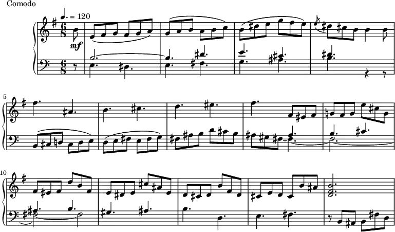 
\version "2.18.2"
\header {
  tagline = ##f
}
upper = \relative c'' {
  \clef treble 
  \key e \minor
  \time 6/8
  \tempo 4. = 120
  \override TupletBracket.bracket-visibility = ##f

   %%Montgeroult — Étude 7 (pdf p. 28)
   \partial 8 b8\mf e,([ fis g] fis g a) g([ a b] a b c) b([ dis e] g fis e) \acciaccatura e8 dis8 cis b b4 b8
   fis'4. ais, b cis d eis fis fis,8 eis fis g! fis g  e' cis g fis eis fis d' b fis e dis e cis' ais e d cis d b' fis d cis e d cis b' ais < b fis d >2.~ 

}

lower = \relative c' {
  \clef bass
  \key a \minor
  \time 6/8

  r8 << { b2.~ b4. dis4. e cis dis } \\ { e,4. dis e fis g ais b r4 r8 } >>
  b,8( cis d! cis d e) d( e fis e fis g) fis ais b d cis b  
  << { s4. ais4. b cis ais b gis ais } \\ { ais8 gis fis8~ fis4.~ fis2.~ fis2~ fis2 } >>
  b4. d, e fis r8 b,8 ais b fis' d
  
}

  \header {
    piece = "Comodo"
  }

\score {
  \new PianoStaff <<
    \new Staff = "upper" \upper
    \new Staff = "lower" \lower
  >>
  \layout {
    \context {
      \Score
      
    }
  }
  \midi { }
}

