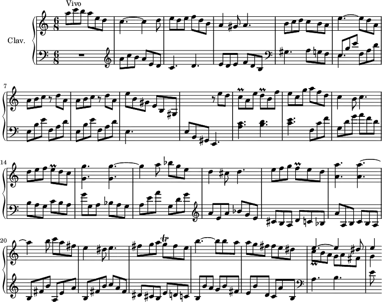 \version "2.18.2"
\header {
  tagline = ##f
}
%% les petites notes
trillCq    = { \tag #'print { c8\prall } \tag #'midi { \times 2/3 { d32 c d } c16 } }
trillDq    = { \tag #'print { d8\prall } \tag #'midi { \times 2/3 { e32 d e } d16 } }
trillEq    = { \tag #'print { e8\prall } \tag #'midi { \times 2/3 { f32 e f } e16 } }
trillFq    = { \tag #'print { f8\prall } \tag #'midi { \times 2/3 { g32 f g } f16 } }
trillGq    = { \tag #'print { g8\trill } \tag #'midi { \times 2/3 { a32 g a } g16 } }
upper = \relative c'' {
  \clef treble 
  \key a \minor
  \time 6/8
  \tempo 4. = 120
  \set Staff.midiInstrument = #"harpsichord"
  \override TupletBracket.bracket-visibility = ##f
     s4*0^\markup{Vivo} a'8 c b  a e d | c4.~ c4 d8 | e d e  f d b | a4 gis8 a4. |
     % ms. 5
     b8 c d  c b a | e'4.~ e8 d a | \repeat unfold 2 { a8 b c r8 d8 a } | e'8 b gis  e b gis | 
     % ms. 10
     s4. r8 e''8 d | \trillCq a8 e' \trillDq b8 f' | e c g' a f d | c4 b8 c4. | d8 e f \trillEq d8 c | 
     % ms. 15
     < g g' >4. q~ | g'4 a8 bes g e | d4 cis8 d4. | e8 f g  \trillFq e8 d | < a a' >4. q~ | 
     % ms. 20
     a'4 b8 c a fis | e4 dis8 e4. | fis8 g a  \trillGq fis8 e | b'4.~ b8 b a | a g fis fis e dis |
     % ms. 25
     << { e4.~ e4 dis8 | e4 } \\ { \trillCq b8 a  g a fis | g4 } >>
}
lower = \relative c' {
  \clef bass
  \key a \minor
  \time 6/8
  \set Staff.midiInstrument = #"harpsichord"
  \override TupletBracket.bracket-visibility = ##f
    % **************************************
      R2. |   \clef treble  a'8 c b  a e d | c4. d | e8 d e  f d b |
      % ms. 5
      \clef bass gis4. a8 g f | << { \mergeDifferentlyDottedOn e8 b' e } \\ { e,4. } >> f8 a d | \repeat unfold 2 { e,8 b' e | f, a d } e,4. s4. | 
      % ms. 10
      e8 b gis e4. | < a' c >4. < b d > | < c e > f,8 c' f | g, d' g  a f d | b a g  c b a | 
      % ms. 15
      g' g, a bes a g | a e' a  g, d' g | \clef treble a8 e a  bes g e | cis b a d c bes | a' a, b  c b a | 
      % ms. 20
      b fis' b  a, e' a | b, fis' b  c a fis | dis cis b  e d c | b b' a  g b fis | e b' d,  c a' b, | 
      % ms. 25
      \clef bass a4. b | e8
}
thePianoStaff = \new PianoStaff <<
    \set PianoStaff.instrumentName = #"Clav."
    \new Staff = "upper" \upper
    \new Staff = "lower" \lower
  >>
\score {
  \keepWithTag #'print \thePianoStaff
  \layout {
      #(layout-set-staff-size 17)
    \context {
      \Score
     \override SpacingSpanner.common-shortest-duration = #(ly:make-moment 1/2)
      \remove "Metronome_mark_engraver"
    }
  }
}
\score {
  \keepWithTag #'midi \thePianoStaff
  \midi { }
}