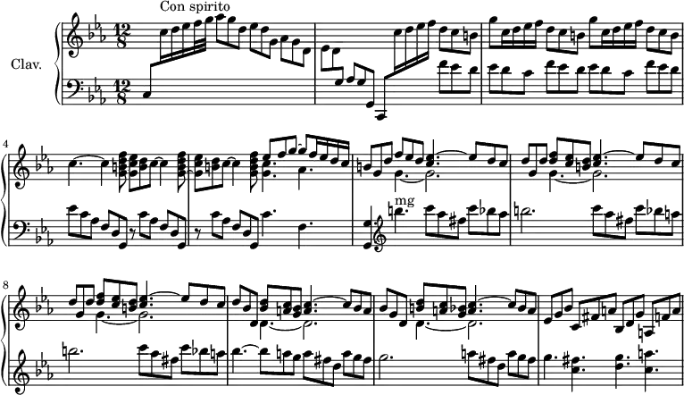 \version "2.18.2"
\header {
  tagline = ##f
}
%% les petites notes
trillFp     = { \tag #'print { f4.\prall } \tag #'midi { g32 f g f~ f4 } }
% \times 2/3 {
upper = \relative c'' {
  \clef treble 
  \key c \minor
  \time 12/8
  \tempo 4. = 80
  \set Staff.midiInstrument = #"harpsichord"
     \stemUp \change Staff = "lower" c,,8 \stemDown \change Staff = "upper" c''16^\markup{Con spirito} d ees f32 g aes8 g d ees d g, aes g d |
     % ms. 2
     ees8 d \stemUp \change Staff = "lower" g, aes g g, c, \stemDown \change Staff = "upper" c'''16 d ees f d8 c b |
     % ms. 3
     \repeat unfold 2 { g'8 c,16 d ees f  d8 c b } | c4.~ c4 \repeat unfold 2 { < g b d f >8~ < g c ees > < b d > c~ c4 }
     % ms. 5 suite
     < g b d f >8 << { ees'8 f g~ g f16 ees d c | b8 g d' f ees d < c ees >4.~ ees8 d c | \repeat unfold 2 { d g, d' < d f >8 < c ees > < b d > < c ees >4.~ | ees8 d c }  } \\ { < g c >4. aes4. \repeat unfold 3 { s4. g4.~ g2. } } >> 
     % ms. 9
     << { d'8 bes d, < bes' d >8 < a c > < g bes > < a c >4.~ c8 bes a | bes g d < b' d >8 < a c > < g bes > < a c >4.~ c8 bes a } \\ { \repeat unfold 2 { s4. d,4.~ d2. } } >> | \stemNeutral
     % ms. 11
     ees8 g bes  c, fis a  bes, d g  a, f' a | 
}
 
lower = \relative c' {
  \clef bass
  \key c \minor
  \time 12/8
  \set Staff.midiInstrument = #"harpsichord"
    % **************************************
     s1. s2. s4. f8 ees d |
     % ms. 3
     \repeat unfold 2 { ees8 d c  f ees d } | ees c aes  f d g, \repeat unfold 2 { r8 c' aes  f d g, } |
     % ms. 5 suite
     c'4. f, | < g, g' >4.   \clef treble b'''4.^\markup{mg} c8 aes fis  c' bes aes | \repeat unfold 2 { b2. c8 aes fis  c' bes a } |
     % ms. 9
     bes4.~ bes8 a g  a fis d  a' g fis | g2.   a8 fis d  a' g fis |
     % ms. 11
     g4. < c, fis > < d g > < c a' > |
} 
thePianoStaff = \new PianoStaff <<
    \set PianoStaff.instrumentName = #"Clav."
    \new Staff = "upper" \upper
    \new Staff = "lower" \lower
  >>
\score {
  \keepWithTag #'print \thePianoStaff
  \layout {
      #(layout-set-staff-size 17)
    \context {
      \Score
     \override SpacingSpanner.common-shortest-duration = #(ly:make-moment 1/2)
      \remove "Metronome_mark_engraver"
    }
  }
}
\score {
  \keepWithTag #'midi \thePianoStaff
  \midi { }
}