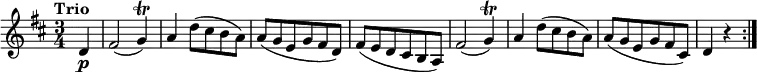
\relative c'' {
  \version "2.18.2"
    \key d \major
    \time 3/4   
    \tempo "Trio"
    \tempo 4 = 140
    \partial 4 d,4  \p 
    fis2 (g4  \trill)
    a d8 (cis b a)
    a (g e g fis d)
    fis (e d cis b a)
    fis'2  (g4  \trill)
    a d8 (cis b a)
    a (g e g fis cis)
   d4 r \bar ":|."
}

