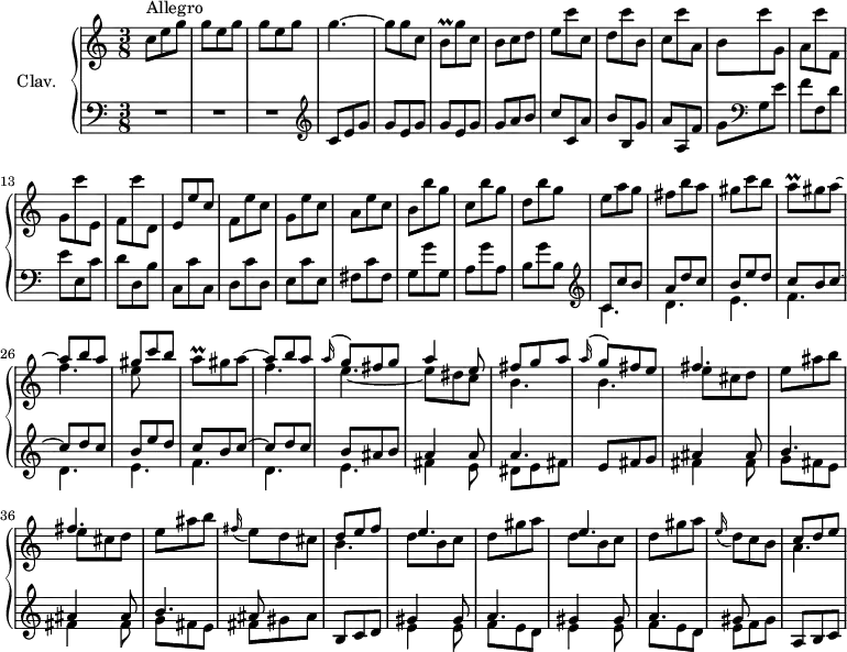\version "2.18.2"
\header {
  tagline = ##f
  % composer = "Domenico Scarlatti"
  % opus = "K. 157"
  % meter = "Allegro"
}
%% les petites notes
trillBq     = { \tag #'print { b8\prall } \tag #'midi { c32 b c b } }
trillAq     = { \tag #'print { a8\prall } \tag #'midi { b32 a b a } }
upper = \relative c'' {
  \clef treble 
  \key c \major
  \time 3/8
  \tempo 4. = 82
  \set Staff.midiInstrument = #"harpsichord"
  \override TupletBracket.bracket-visibility = ##f
      s8*0^\markup{Allegro}
      c8 e g | \repeat unfold 2 { g e g } | g4.~ | g8 g c, | \trillBq g'8 c, | b c d | e c' c, |
      % ms. 9
      d8 c' b, | c c' a, | b c' g, | a c' f,, | g c' e,, | f c'' d,, | e e' c | f, e' c |
      % ms. 17
      g8 e' c | a e' c | b b' g | c, b' g | d b' g | e a g | fis b a | gis c b |
      % ms. 25
      << { \stemDown \trillAq gis a~ \stemUp | a8 b a | gis c b | \stemDown \trillAq gis a~ \stemUp | a8 b a | \appoggiatura a16 g8 fis g | a4 e8 | fis g a } 
      \\ { s4. f4. | e8 s4 | s4. | f4. | e~ | e8 dis c | b4. } >>
      % ms. 33
      << { \appoggiatura a'16 g8 fis e } \\ { b4. } >>
      \repeat unfold 2 { << { fis'4. } \\ { e8 cis d | e ais b } >> } | \appoggiatura fis16 e8 d cis | << { d8 e f | e4. } \\ { b4. | d8 b c } >>
      % ms. 41
      d8 gis a | << { e4. } \\ { d8 b c } >> | d8 gis a | \appoggiatura e16 d8 c b | << { c8 d e } \\ { a,4. } >>
      % ms. 49
      
}
lower = \relative c' {
  \clef bass
  \key c \major
  \time 3/8
  \set Staff.midiInstrument = #"harpsichord"
  \override TupletBracket.bracket-visibility = ##f
    % ************************************** 
      R4.*3 |   \clef treble  c8 e g | \repeat unfold 2 { g e g } | g a b | c c, a' |
      % ms. 9
      b8 b, g' | a a, f' | g   \clef bass g, e' | f f, d' | e e, c' | d d, b' | c, c' c, | d c' d, |
      % ms. 17
      e8 c' e, | fis c' fis, | g g' g, | a g' a, | b g' b, |  \clef treble << { c8 c' b | a d c | b e d } \\ { \mergeDifferentlyDottedOn c,4. d e } >>
      % ms. 25
      << { c'8 b c~ | c d c | b e d | c b c~ | c d c | b ais b | a4 a8 | a4. } 
      \\ { f4. d e | f d e | fis4 e8 | dis8 e fis |  } >>
      % ms. 33
      e8 fis g |
      << { \repeat unfold 2 { ais4 ais8 | b4. } ais8 } \\ { \repeat unfold 2 { fis4 fis8 | g fis e } |
      fis8 gis ais } >> | b,8 c d | 
      % ms. 40
      \repeat unfold 2 { << { gis4 gis8 | a4.  } \\ { e4 e8 | f e d } >> } | << { gis8 } \\ { e8 f gis } >>  | a,8 b c 
      % ms. 49
      
}
thePianoStaff = \new PianoStaff <<
    \set PianoStaff.instrumentName = #"Clav."
    \new Staff = "upper" \upper
    \new Staff = "lower" \lower
  >>
\score {
  \keepWithTag #'print \thePianoStaff
  \layout {
      #(layout-set-staff-size 17)
    \context {
      \Score
     \override SpacingSpanner.common-shortest-duration = #(ly:make-moment 1/2)
      \remove "Metronome_mark_engraver"
    }
  }
}
\score {
  \keepWithTag #'midi \thePianoStaff
  \midi { }
}