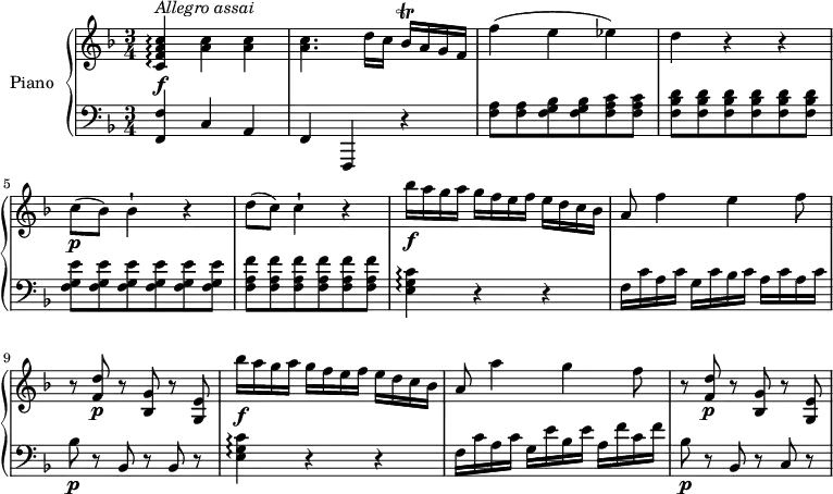 \version "2.18.2"
\header {
  tagline = ##f
}
upper = \relative c' {
  \clef treble 
  \key f \major
  \time 3/4
  \tempo "Allegro assi"
  \tempo 4 = 140
   <c f a c>4 \arpeggio \f ^\markup{ \italic { Allegro	assai} } <a' c> <a c>
   <a c>4. d16 c bes\trill a g f
   f'4 (e ees)
   d r r
   c8  \p (bes) bes4-! r
   d8 (c) c4-! r
   bes'16\f a g a g f e f e d c bes
   a8 f'4 e f8
   r <f, d'>\p r <bes, g'> r <g e'>
   bes''16\f a g a g f e f e d c bes
   a8 a'4 g f8
   r <f, d'>\p r <bes, g'> r <g e'>
}
lower = \relative c {
  \clef bass
  \key f \major
  \time 3/4
  \set Staff.midiMinimumVolume = #0.2 \set Staff.midiMaximumVolume = #0.5
  <f, f'>4 c' a f f, r
  <f'' a>8 <f a> <f g bes> <f g bes> <f a c> <f a c>
  \repeat unfold 6 {<f bes d>} \repeat unfold 6 {<f g e'>} \repeat unfold 6 {<f a f'>}
  <e g c>4 \arpeggio r r
  f16 c' a c g c bes c a c a c
  bes8\p r bes, r bes r
  <e g c>4 \arpeggio r r
  f16 c' a c g e' bes e a, f'  c f
  bes,8 \p r bes, r c r
} 
\score {
  \new PianoStaff <<
    \set PianoStaff.instrumentName = #"Piano"
    \new Staff = "upper" \upper
    \new Staff = "lower" \lower
  >>
  \layout {
    \context {
      \Score
      \remove "Metronome_mark_engraver"
    }
  }
  \midi { }
}