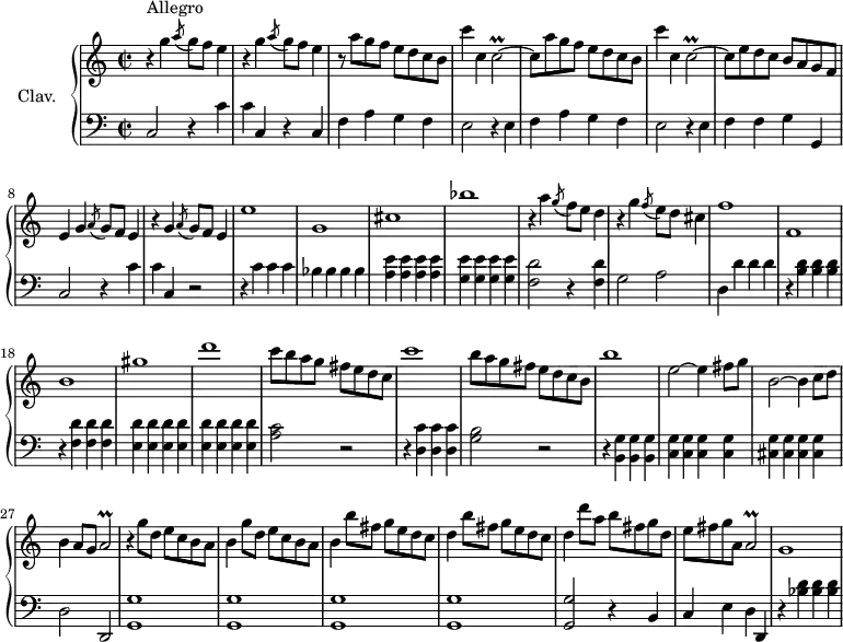 \version "2.18.2"
\header {
  tagline = ##f
  % composer = "Domenico Scarlatti"
  % opus = "K. 309"
  % meter = "Allegro"
}
%% les petites notes
trillCb     = { \tag #'print { c2\prall~ } \tag #'midi { d32 c d c~ c8~ c4~ } }
trillAb     = { \tag #'print { a2\prall } \tag #'midi { b32 a b a~ a8~ a4~ } }
upper = \relative c'' {
  \clef treble 
  \key c \major
  \time 2/2
  \tempo 2 = 102
  \set Staff.midiInstrument = #"harpsichord"
  \override TupletBracket.bracket-visibility = ##f
      s8*0^\markup{Allegro}
      \repeat unfold 2 { r4 g'4 \acciaccatura a8 g8 f e4 } | r8 \repeat unfold 2 { a8 g f e d c b | c'4 c, \trillCb | c8 }
      % ms. 7 suite
      e8 d c b a g f  | e4 g4 \acciaccatura a8 g8 f e4 | r4 g4 \acciaccatura a8 g8 f e4 | e'1 |
      % ms. 11
      g,1 cis bes' | r4 a4 \acciaccatura g8 f8 e d4 | r4 g4 \acciaccatura f8 e8 d cis4 |
      % ms. 16
      f1 f, b gis' d' | c8 b a g fis e d c |
      % ms. 22
      c'1 |  b8 a g fis e d c b | b'1 | e,2~ e4 fis8 g | b,2~ b4 c8 d |
      % ms. 27
      b4 a8 g \trillAb | r4 \repeat unfold 2 { g'8 d e c b a | b4 } \repeat unfold 2 { b'8 fis g e d c | d4 }
      % ms. 32 suite
      d'8 a b fis g d | e fis g a, | \trillAb | g1
}
lower = \relative c' {
  \clef bass
  \key c \major
  \time 2/2
  \set Staff.midiInstrument = #"harpsichord"
  \override TupletBracket.bracket-visibility = ##f
    % ************************************** \appoggiatura a8  \repeat unfold 2 {  } \times 2/3 { }   \omit TupletNumber 
      c,2 r4 c'4 | c c, r4 c4 | \repeat unfold 2 { f a g f | e2 r4 e4 } | 
      % ms. 7
      f4 f g g, | c2 r4 c' | c c, r2 | r4 c' c c | 
      % ms. 11
      bes4 bes bes bes | < a e' > q q q | < g e' > q q q | < f d' >2 r4 q4 | g2 a |
      % ms. 16
      d,4 d' d d | r4 < b d >4 q q | r4 < f d' > q q | \repeat unfold 8 { < e d' >4 } | < a c >2 r2 |
      % ms. 22
      r4 < d, c' > q q | < g b >2 r2 | r4 < b, g' >4 q q | < c g' > q q q | < cis g' >4 q q q |
      % ms. 27
      d2 d, | \repeat unfold 4 { < g g' >1 } |
      % ms. 32
      < g g' >2 r4 b4 | c e d d, | r4 < bes'' d > q q |
}
thePianoStaff = \new PianoStaff <<
    \set PianoStaff.instrumentName = #"Clav."
    \new Staff = "upper" \upper
    \new Staff = "lower" \lower
  >>
\score {
  \keepWithTag #'print \thePianoStaff
  \layout {
      #(layout-set-staff-size 17)
    \context {
      \Score
     \override SpacingSpanner.common-shortest-duration = #(ly:make-moment 1/2)
      \remove "Metronome_mark_engraver"
    }
  }
}
\score {
  \keepWithTag #'midi \thePianoStaff
  \midi { }
}
