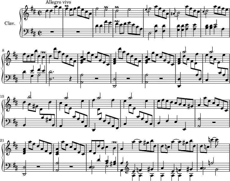 \version "2.18.2"
\header {
  tagline = ##f
}
%% les petites notes
trillFis     = { \tag #'print { fis4\prall } \tag #'midi { g32 fis g fis~ fis8 } }
% trillFisdUp  = { \tag #'print { fis'2\prall } \tag #'midi { g32 fis g fis~ fis8~ fis4 } }
trillEd      = { \tag #'print { e2\prall } \tag #'midi { fis32 e fis e~ e8~ e4 } }
trillDd      = { \tag #'print { d2\prall } \tag #'midi { e32 d e d~ d8~ d4 } }
trillFAppo   = { \tag #'print { \appoggiatura e4 fis2 } \tag #'midi { e4 fis4 } }
trillDAppo   = { \tag #'print { \appoggiatura cis4 d2 } \tag #'midi { cis4 d4 } }
upper = \relative c'' {
  \clef treble 
  \key d \major
  \time 2/2
  \tempo 2 = 76
  \set Staff.midiInstrument = #"harpsichord"
  \override TupletBracket.bracket-visibility = ##f
      s8*0^\markup{Allegro vivo}
      d4 d a' g | \trillFis e8 fis g e cis a | fis'2 \trillEd | \trillDd e2 | \trillFAppo a8 fis d a |
      % ms. 6
      \appoggiatura ais8 b2 a'8 fis d cis | \trillDAppo a'8 g fis e | fis d e b' | d,4 cis-\parenthesize\prall | d4 \repeat unfold 2 { d'8 a fis d a fis | < e g a cis >4 g'8 e cis g e cis |
      % ms. 13
      < d fis a >4 } \stemUp a''2 \stemDown  fis4 | e \stemUp a2 \stemDown e4 d | \stemUp b'2 \stemDown d,4 |
      % ms. 16
      cis4 \stemUp a'2 \stemDown e4 | fis \stemUp a2 \stemDown fis4 | e \stemUp a2 \stemDown e4 | \stemNeutral e8 fis e d cis b a gis | a4 a'8 e cis a e cis |
      % ms. 21
      < d fis a >4 a''8 fis d a fis d | < cis e a >4 a''8 e cis a e cis | fis d d' b cis4 b4-\parenthesize\prall | \stemNeutral a4 \repeat unfold 2 { a'4~ a8 gis b d, | d c }
      % ms. 26 suite
      c'4~ c8 
}
lower = \relative c' {
  \clef bass
  \key d \major
  \time 2/2
  \set Staff.midiInstrument = #"harpsichord"
    % **************************************
      R1*2 | d4 d a' g | fis-\parenthesize\prall e8 fis g e cis a | d,2 < fis d' >4 q |
      % ms. 6
      < g d' >4 q < a e' > q | < b d > q << { e2 s4 e4 fis e } \\ { cis4 a | d g, a2  } >> < d, d' >2. r4 | < a a' >2 r2 |
      % ms. 11
      < d, d' >2 r2 | < a' a' >2 r2 |
      % ms. 13
      < d, d' >4  \stemDown \change Staff = "upper" d'''8 a fis d  \stemUp \change Staff = "lower" a8 d, |
      cis4 \stemDown \change Staff = "upper" cis''8 a e \stemUp \change Staff = "lower" cis8 a cis, |
      b4 \stemDown \change Staff = "upper"  b''8 gis d \stemUp \change Staff = "lower" b8 gis b, |
      % ms. 16
      a4 \stemDown \change Staff = "upper" a''8 e \stemUp \change Staff = "lower" cis8 a e a, |
      d,4  \stemDown \change Staff = "upper" d''8 \stemUp \change Staff = "lower" a fis d a fis |
      cis'4 \stemDown \change Staff = "upper" a''8 e \stemUp \change Staff = "lower" cis8 a e cis |
      d4 fis e e, | < a a' >2 r2
      % ms. 21
      < d, d' >2 r2 | < a' a' >2 r2 | << { d4 d' < a cis > < gis b > | a4  \clef treble \repeat unfold 2 { e'4 f gis | a } f'2 } \\ { d,,2 e | a,4 \repeat unfold 7 { a' } a'2 g } >>
      % ms. 26
      
}
thePianoStaff = \new PianoStaff <<
    \set PianoStaff.instrumentName = #"Clav."
    \new Staff = "upper" \upper
    \new Staff = "lower" \lower
  >>
\score {
  \keepWithTag #'print \thePianoStaff
  \layout {
      #(layout-set-staff-size 17)
    \context {
      \Score
     \override SpacingSpanner.common-shortest-duration = #(ly:make-moment 1/2)
      \remove "Metronome_mark_engraver"
    }
  }
}
\score {
  \keepWithTag #'midi \thePianoStaff
  \midi { }
}