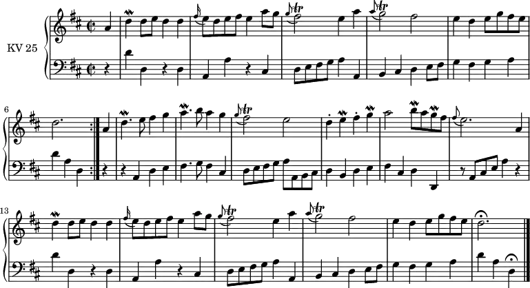 \version "2.14.2"
\header {
  tagline = ##f
}
upper = \relative c'' {
   \clef treble 
  \key d \major
  \time 2/2
  \tempo 2 = 70
  \tempo "Allegro"
  \set Staff.midiInstrument = #"piano"
  \repeat volta 2 {
  
    \partial4  a4
    d\mordent d8 e d4 d
    \grace fis16 (e8) d e fis e4 a8 g
    \grace g8 (fis2)\trill  e4 a
    \grace a8 (g2)\trill  fis
    e4 d e8 g fis e
    d2.    
  }
  a4
  d4.\mordent e8 fis4 g
  a4.\mordent b8 a4 g
   \grace g8 ( fis2)\trill  e
   d4-. e\mordent fis-. g\mordent
   a2 b8\mordent a g\mordent fis
  \grace fis8 ( e2.) a,4
  d\mordent d8 e d4 d
  \grace fis16 (e8) d e fis e4 a8 g
  \grace g8 ( fis2)\trill  e4 a
  \grace a8 (g2)\trill  fis
  e4 d e8 g fis e
  d2. \fermata \bar "|."
}
lower = \relative c {
  \clef bass
  \key d\major
  \time 2/2
  \set Staff.midiInstrument = #"piano"
 \repeat volta 2 { 
    \partial4 r4
    d'4  d, r4 d
    a a' r4 cis,
    d8 e fis g a4 a,
    b cis d e8 fis
    g4 fis g a 
    d a d,
 } 
 r4 r4 a4 d e
 fis4. g8 fis4 cis
 d8 e fis g a a, b cis
 d4 b d e
 fis cis d d,
 r8 a'8 cis e a4 r4
 d4  d, r4 d
    a a' r4 cis,
    d8 e fis g a4 a,
    b cis d e8 fis
    g4 fis g a 
    d a d, \fermata
 }
\score {
  \new PianoStaff <<
    \set PianoStaff.instrumentName = #"KV 25"
    \new Staff = "upper" \upper
    \new Staff = "lower" \lower
  >>
  \layout {
    \context {
      \Score
      \remove "Metronome_mark_engraver"
    }
  }
  \midi { }
}
