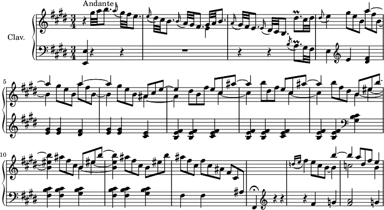 \version "2.18.2"
\header {
  tagline = ##f
  % composer = "Domenico Scarlatti"
  % opus = "K. 215"
  % meter = "Andante"
}
%% les petites notes
trillDisqpUp       = { \tag #'print { dis'8.\prall } \tag #'midi { e32 dis e dis e dis e dis } }
trillAqpAppoUp     = { \tag #'print { \acciaccatura b''8 a8.\prall } \tag #'midi { b32 a b a b a b a } }
appoE              = { \tag #'print { \appoggiatura dis8 e4 } \tag #'midi { dis8   \tempo 4 = 40 e8   \tempo 4 = 78 } }
upper = \relative c'' {
  \clef treble 
  \key e \major
  \time 3/4
  \tempo 4 = 78
  \set Staff.midiInstrument = #"harpsichord"
  \override TupletBracket.bracket-visibility = ##f
      s8*0^\markup{Andante}
      r4 gis'32 a b8. \appoggiatura a16 gis32 fis e8. | \appoggiatura e16 dis32 cis b8. \appoggiatura b16 a32 gis fis8. << { gis32 a b8. } \\ { e,4 } >> | \appoggiatura a16 gis32 fis e8. \appoggiatura e16 dis32 cis b8.  \trillDisqpUp cis32 dis |
      % ms. 4
      \appoE \repeat unfold 2 { \omit TupletNumber  \times 2/3 { gis8 e b } << { a'4~ | a } \\ { \omit TupletNumber \times 2/3 { a8 fis b,~ } | b4 } >> }   \omit TupletNumber \times 2/3 { gis'8 e b } << { \omit TupletNumber \times 2/3 { ais8 cis e~ } | e4 } \\ { ais,4~ | ais } >> \times 2/3 { dis8 b fis' } 
      % ms. 7 fin à 9
      << { \omit TupletNumber \times 2/3 { e8 cis ais'~  } | ais4 s4 \times 2/3 { e8 cis ais'~  } | ais4 s4 } 
      \\ { \omit TupletNumber \times 2/3 { s8 cis,4~ } | cis \times 2/3 { b'8 dis, fis } \times 2/3 { s8 cis4~ } | cis \times 2/3 { b'8 fis dis } 
      } >>
      % ms. 9 fin — \set tieWaitForNote = ##t 
      \repeat unfold 2 { << { \set tieWaitForNote = ##t b8*2/3_~ eis_~ b'~ \stemDown < b, eis b' >4 } 
      \\ { b4*2/6 eis s s4 } >>  \times 2/3 { ais8 fis cis }  } %repet Merci à Pierre pour l'astuce.
      % ms. 10 suite
      \omit TupletNumber 
      \times 2/3 { b eis b' }  |
      % ms. 12
      \omit TupletNumber  \times 2/3 { ais8 fis cis } \times 2/3 { fis8 cis ais } \times 2/3 { fis8 cis \change Staff = "lower" ais } s2. \change Staff = "upper" 
      % ms. 14
      \grace { \tempo 4 = 60 d'16( e }   \tempo 4 = 78 fis4) << { s4 b4~ | b \omit TupletNumber  \times 2/3 { a8 dis, fis } e4 } \\ { \omit TupletNumber  \times 2/3 { e8 cis b~ } b4 | c2 b4 } >>
}
 
lower = \relative c' {
  \clef bass
  \key e \major
  \time 3/4
  \set Staff.midiInstrument = #"harpsichord"
  \override TupletBracket.bracket-visibility = ##f
    % ************************************** \appoggiatura \repeat unfold 2 {  } \times 2/3 { }
      < e,, e' >4 r4 r4 | R2. | r4 r4 \trillAqpAppoUp gis32 fis |
      % ms. 4
      e4  \clef treble  e' < dis fis >4 | < e gis > q < dis fis > | < e gis > q < cis e > | \repeat unfold 2 { < b e fis > q < cis e fis > }
      % ms. 9
      < b e fis > q   \clef bass < gis b cis >4 \repeat unfold 2 { < fis b cis >4 q < gis b cis > }
      % ms. 12
      fis4 fis s4 | fis,4\fermata  \clef treble r4 r4 | r4 fis''4 g | < fis a >2 g4 
      % ms. 16
      
}
thePianoStaff = \new PianoStaff <<
    \set PianoStaff.instrumentName = #"Clav."
    \new Staff = "upper" \upper
    \new Staff = "lower" \lower
  >>
\score {
  \keepWithTag #'print \thePianoStaff
  \layout {
      #(layout-set-staff-size 17)
    \context {
      \Score
     \override SpacingSpanner.common-shortest-duration = #(ly:make-moment 1/2)
      \remove "Metronome_mark_engraver"
    }
  }
}
\score {
  \keepWithTag #'midi \thePianoStaff
  \midi { }
}