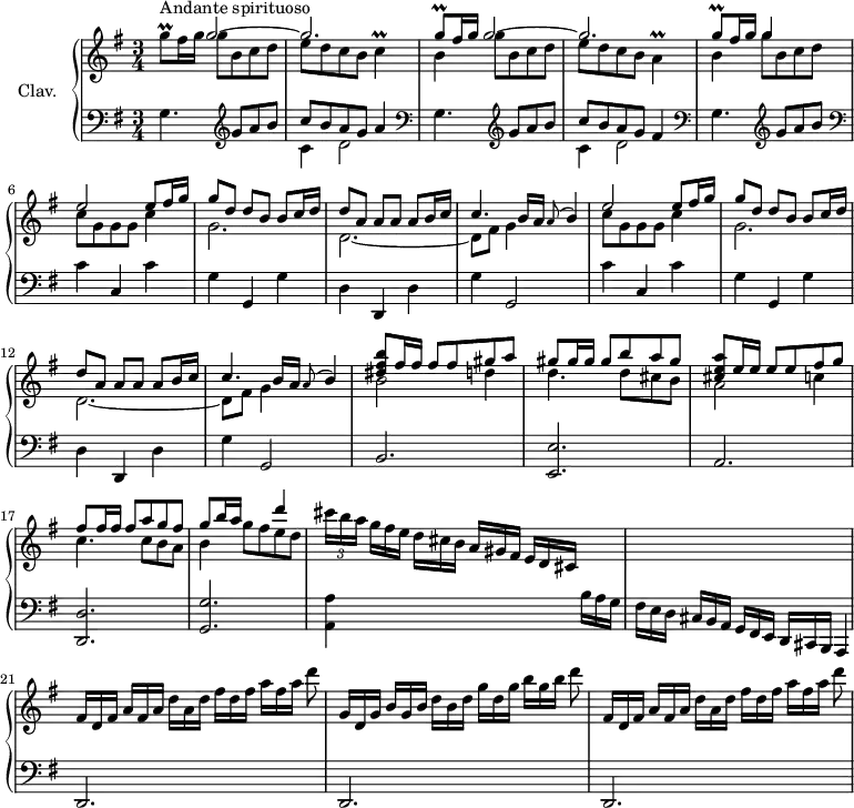 
\version "2.18.2"
\header { 
  tagline = ##f
}

%% les petites notes
trillGqUp   = { \tag #'print { g'8\prall } \tag #'midi { a32 g a g } }
trillC      = { \tag #'print { c4^\prall } \tag #'midi { d32 c d c~ c8 } }
trillA      = { \tag #'print { a4^\prall } \tag #'midi { b32 a b a~ a8 } }

upper = \relative c'' {
  \clef treble 
  \key g \major
  \time 3/4
  \tempo 4 = 88
  \set Staff.midiInstrument = #"harpsichord"
  \override TupletBracket.bracket-visibility = ##f
  

     s8*0^\markup{Andante spirituoso}
     \trillGqUp fis16 g  << { g2~ g2. } \\ { g8 b, c d | e d c b | \trillC } >> | << { \trillGqUp fis16 g g2~ g2. } \\ { b,4 g'8 b, c d | e d c b | \trillA } >>
     % ms. 5
     << { \trillGqUp fis16 g g4 } \\ { b,4 g'8 b, c d } >> |
     % ms. 6 à 13
     \repeat unfold 2 { << { e2 e8 fis16 g | g8 d d b b c16 d | d8 a a a a b16 c | c4. b16 a \appoggiatura a8 b4 } \\ { c8 g g g c4 | g2. | d2.~ | d8 fis g4 } >> } | 
     % ms. 14
     << { < dis' fis b >8 fis16 fis fis8 fis gis a | gis8 gis16 gis gis8 b a gis | < cis, e a >8 e16 e e8 e fis g | fis8 fis16 fis fis8 a g fis | g8 b16 a s4 d4 } \\ { b,2 d4 | d4. d8 cis b | a2 c4 | c4. c8 b a | b4 g'8 fis e d } >> |
     % ms. 19
     \times 2/3 { cis'16[ b a] } \omit TupletNumber \times 2/3 { g16[ fis e] } \times 2/3 { d16[ cis b] } \times 2/3 { a16[ gis fis] } \times 2/3 { e16[ d cis] } \change Staff = "lower" \times 2/3 { b16[ a g] } | \times 2/3 { fis16[ e d] } \times 2/3 { cis16[ b a] } \times 2/3 { g16[ fis e] } \times 2/3 { d16[ cis b] } a4 | \change Staff = "upper" 

     % ms. 21
     \times 2/3 { fis'''16[ d fis] } \times 2/3 { a16[ fis a] } \times 2/3 { d16[ a d] } \times 2/3 { fis16[ d fis] } \times 2/3 { a16[ fis a] } d8
     % ms. 22
     \times 2/3 { g,,16[ d g] } \times 2/3 { b16[ g b] } \times 2/3 { d16[ b d] }  \times 2/3 { g16[ d g] } \times 2/3 { b16[ g b] } d8 | \times 2/3 { fis,,16[ d fis] } \times 2/3 { a16[ fis a] } \times 2/3 { d16[ a d] } \times 2/3 { fis16[ d fis] } \times 2/3 { a16[ fis a] } d8



}

lower = \relative c' {
  \clef bass
  \key g \major
  \time 3/4
  \set Staff.midiInstrument = #"harpsichord"
  \override TupletBracket.bracket-visibility = ##f
  \omit TupletNumber 

    % **************************************
     g4.   \clef treble  g'8 a b | << { c8 b a g a4 } \\ { c,4 d2 } >> |   \clef bass g,4.   \clef treble  g'8 a b | << { c8 b a g fis4 } \\ { c4 d2 } >> |
     % ms. 5
      \clef bass g,4.  \clef treble  g'8 a b |  \clef bass \repeat unfold 2 { c,4 c, c' | g g, g' | d d, d' | g g,2 } | b2. |
     % ms. 15
     < e, e' >2. | a2. | < d, d' >2. | < g g' >2. |
     % ms. 19
     < a a' >4 s2 | s2. | \repeat unfold 3 { d,2. } | 

}

thePianoStaff = \new PianoStaff <<
    \set PianoStaff.instrumentName = #"Clav."
    \new Staff = "upper" \upper
    \new Staff = "lower" \lower
  >>

\score {
  \keepWithTag #'print \thePianoStaff
  \layout {
      #(layout-set-staff-size 17)
    \context {
      \Score
     \override SpacingSpanner.common-shortest-duration = #(ly:make-moment 1/2)
      \remove "Metronome_mark_engraver"
    }
  }
}

\score {
  \keepWithTag #'midi \thePianoStaff
  \midi { }
}
