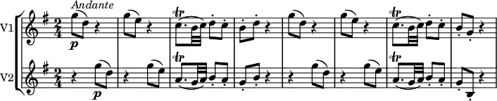 
\new StaffGroup <<
       
\new Staff
\with {
  instrumentName = #"V1"
}
\relative c'' {
  \key g \major
   \time 2/4
  g'8\p^\markup { \italic Andante } (d) r4
  g8 (e) r4
  c8.\trill ([b32 c]) [d8-. c-.] b-. d-. r4
  g8 (d) r4
  g8 (e) r4
  c8.\trill ([b32 c]) [d8-. c-.] b-. g-. r4
             }

 \new Staff  
 \with {
  instrumentName = #"V2"
}
 \relative c''  {
   \key g \major
   \time 2/4
  r4 g'8\p (d) 
  r4 g8 (e) 
  a,8.\trill ([g32 a]) [b8-. a-.] g-. b-. r4
  r4 g'8 (d) 
  r4 g8 (e) 
  a,8.\trill ([g32 a]) [b8-. a-.] g-. b,-. r4
               } 
>>
