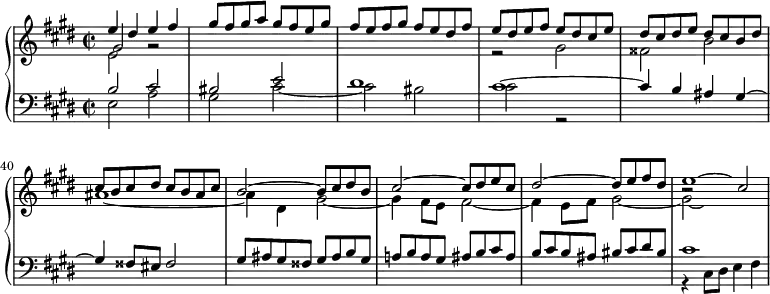 \version "2.18.2"
\header {
tagline = ##f
}
upper = \relative c'' {
\clef treble
\key cis \minor
\time 2/2
\tempo 2 = 63
\set Score.currentBarNumber = #35
<< { e4 dis e fis gis8 fis gis a gis fis e gis fis e fis gis fis e dis fis } \\ { e,2 } \\ { gis2 g2\rest } >>
<< { e'8 dis e fis e dis cis e dis cis dis e dis cis b dis cis b cis dis cis b ais cis } \\ { r2 gis2 fisis b ais1~ } >>
<< { b2~ b8 cis dis b cis2~ cis8 dis e cis dis2~ dis8 e fis dis e1*1/2~ \hideNotes e4 } \\ { ais,4 dis, gis2~ gis4 fis8 e fis2~ fis4 e8 fis gis2~ gis2*1/3~ \hideNotes gis1*1/4 } \\ { s1*3 b2\rest cis2 } >>
}
lower = \relative c' {
\clef bass
\key cis \minor
\time 2/2
<< { b2 cis bis2 e dis1 cis~ cis4 b ais gis~ gis fisis8 eis fisis2 } \\ { e2 a gis cis~ cis bis cis r2 } >>
<< { gis8 ais gis fisis gis ais b gis | a! b a gis ais b cis ais | b cis b ais bis cis dis bis } \\ {} >>
<< { cis1 } \\ { r4 cis,8 dis e4 fis } >>
}
\score {
\new PianoStaff <<
\new Staff = "upper" \upper
\new Staff = "lower" \lower
>>
\layout {
indent = #0
\context {
\Score
\remove "Metronome_mark_engraver"
\override SpacingSpanner.common-shortest-duration = #(ly:make-moment 1/2)
}
}
\midi { }
}
