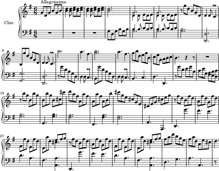 \version "2.18.2"
\header {
  tagline = ##f
  % composer = "Domenico Scarlatti"
  % opus = "K. 477"
  % meter = "Allegrissimo"
}
%% les petites notes
trillCp       = { \tag #'print { c4.\prall } \tag #'midi { d16 c d c~ c8 } }
upper = \relative c'' {
  \clef treble 
  \key g \major
  \time 6/8
  \tempo 4. = 108
  \set Staff.midiInstrument = #"harpsichord"
  \override TupletBracket.bracket-visibility = ##f
      s8*0^\markup{Allegrissimo}
      g8 d g b g b | \repeat unfold 2 { < b d >4 q8 < c e > < b d > < c e > } | < b d >2.
      % ms. 5
      \repeat unfold 2 { << { g2. } \\ { d4 d8 e d e } >> } | r8 g'8 d b g d | d4 d8 \trillCp | b8 g'' d b g d |
      % ms. 10
      d4 d8 \trillCp | b''2. | a4. fis | < g b >2. | a4. fis |
      % ms. 15
      g8 b d, e g b, | c e g, a b c | b4. r4 r8 | R2. | r8 b'8 g \repeat unfold 2 { b, b' g } |
      % ms. 20 suite
      b, cis cis' | d a fis \repeat unfold 2 { a, a' fis } a, b b' | cis g e cis g e | cis e g cis e g |
      % ms. 25
      \repeat unfold 2 { r8 fis d b fis' d | a fis' d g, fis' d | fis, fis' d e, fis' d | d, a'' d, << { e8 fis g } \\ { cis,4. } >> } | 
      % ms. 33
      fis8 a d b g e | fis a d, a e' cis | d4.*1/2
}
lower = \relative c' {
  \clef bass
  \key g \major
  \time 6/8
  \set Staff.midiInstrument = #"harpsichord"
  \override TupletBracket.bracket-visibility = ##f
    % ************************************** \appoggiatura a16  \repeat unfold 2 {  } \times 2/3 { }   \omit TupletNumber 
      R2.*3 | g8 d g b g b |
      % ms. 5
      \repeat unfold 2 { << { b4 b8 c b c } \\ { g2. } >> } | < g b >2. | < d, d' > | < g g' >
      % ms. 10
      < d d' > | r8 g''8 d b g d | d4 d8 \trillCp | b8 g'' d b g d | d4 d8 \trillCp | 
      % ms. 15
      b4. c | d d, | r8 g'' d e g b, | c e g, < fis a >8 < e b' > < d c' > | < g b >2. 
      % ms. 20
      g,4. < g' b > | < fis a >2. | fis,4. < fis' a > | < e g >2. | a,4. a, 
      % ms. 25
      \repeat unfold 2 { d4. g'' | fis e | d a | fis < a, a' > }
      % ms. 33
      d4. g a a, | r8 s16
}
thePianoStaff = \new PianoStaff <<
    \set PianoStaff.instrumentName = #"Clav."
    \new Staff = "upper" \upper
    \new Staff = "lower" \lower
  >>
\score {
  \keepWithTag #'print \thePianoStaff
  \layout {
      #(layout-set-staff-size 17)
    \context {
      \Score
     \override SpacingSpanner.common-shortest-duration = #(ly:make-moment 1/2)
      \remove "Metronome_mark_engraver"
    }
  }
}
\score {
  \keepWithTag #'midi \thePianoStaff
  \midi { }
}