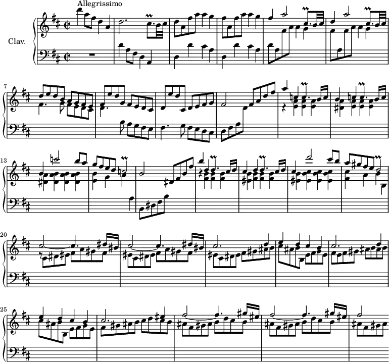 \version "2.18.2"
\header {
  tagline = ##f
  % composer = "Domenico Scarlatti"
  % opus = "K. 479"
  % meter = "Allegrissimo"
}
%% les petites notes
trillCb          = { \tag #'print { c2\prall } \tag #'midi { \times 2/3 { d16 c d c d c~ } c4 } }
trillDb          = { \tag #'print { d2\prall } \tag #'midi { \times 2/3 { e16 d e } d8~ d4 } }
trilldp          = { \tag #'print { d4.\prall } \tag #'midi { \times 2/3 { e16 d e d e d~ } d8 } }
trillcp          = { \tag #'print { c4.\prall } \tag #'midi { \times 2/3 { d16 c d c d c~ } c8 } }
trillCisqpDown   = { \tag #'print { cis,8.\prall } \tag #'midi { \times 2/3 { d16 e d~ } d16 } }
trillCisqp       = { \tag #'print { cis8.\prall } \tag #'midi { \times 2/3 { cis16 d cis~ } cis16 } }
upper = \relative c'' {
  \clef treble 
  \key d \major
  \time 2/2
  \tempo 2 = 86
  \set Staff.midiInstrument = #"harpsichord"
  \override TupletBracket.bracket-visibility = ##f
      s8*0^\markup{Allegrissimo}
      d'4 a8 fis d4 a | d2. \trillCisqp b32 cis | d8 a fis' a a4 g 
      % ms. 4
      fis8 a, fis' a a4 g | \stemUp fis a2 \trillCisqpDown b32 cis | d4 a'2 \trillCisqpDown b32 cis | d8 e d b a g fis e |
      % ms. 8
      fis8 e' d g, fis e d cis | d e' d cis, d e fis g | fis2 fis8 a d fis | \stemUp a4 c, \trillcp b16 c |
      % ms. 12
      b4 c \trillcp b16 c | b4 c'2 b8 a | g fis e d \trillCb | b2 dis,8 fis b fis' |
      % ms. 16
      b4 d, \trilldp cis16 d | cis4 d \trilldp cis16 d | cis4 d'2 cis8 b | a gis fis e \trillDb |
      % ms. 20
      \repeat unfold 2 { cis2~ cis4. dis16 bis } | cis2. d4 |
      % ms. 23
      e4 d cis b | cis2. d4 | e d cis b | cis2. eis4 | 
      % ms. 27
      \repeat unfold 2 { fis2~ fis4. gis16 eis } | fis2 
}
lower = \relative c' {
  \clef bass
  \key d \major
  \time 2/2
  \set Staff.midiInstrument = #"harpsichord"
  \override TupletBracket.bracket-visibility = ##f
    % ************************************** \appoggiatura a16  \repeat unfold 2 {  } \times 2/3 { }   \omit TupletNumber 
      R1 |  d4 a8 fis d4 a | \repeat unfold 2 { d d' cis a } | 
      % ms. 5
      d8 a \stemDown \change Staff = "upper" fis' a a4 g | fis8  \change Staff = "lower" a, \change Staff = "upper" fis' a a4 g | fis4. g8 fis e d cis |
      % ms. 8
      d4.  \change Staff = "lower" b8 a g fis e | fis4. g8 fis e d cis | d fis a  \change Staff = "upper" d \change Staff = "lower" s2 | \change Staff = "upper"  d4\rest < e a >4  q q |
      % ms. 12
      < dis a' >4 < e a > q q | < dis a' > < dis a' b > q q | < e b' > g a \change Staff = "lower" a, | b,8 dis fis b s2 | \stemDown \change Staff = "upper"
      % ms. 16
      r4 < fis' b > q q | < eis b' > < fis b > q q | < eis b' > < eis b' cis > q q | < fis cis' > a b b, |
      % ms. 20
      r8 \repeat unfold 2 { cis8 dis eis fis a gis fis | eis } cis dis eis fis gis ais b |
      % ms. 23
      cis8 ais b b, e fis g e | fis e fis gis ais b ais b | cis8 ais b b, e fis g e | fis gis ais b cis d cis b |
      % ms. 27
      \repeat unfold 2 { ais fis gis ais b d cis b } | ais8 fis gis ais 
}
thePianoStaff = \new PianoStaff <<
    \set PianoStaff.instrumentName = #"Clav."
    \new Staff = "upper" \upper
    \new Staff = "lower" \lower
  >>
\score {
  \keepWithTag #'print \thePianoStaff
  \layout {
      #(layout-set-staff-size 17)
    \context {
      \Score
     \override SpacingSpanner.common-shortest-duration = #(ly:make-moment 1/2)
      \remove "Metronome_mark_engraver"
    }
  }
}
\score {
  \keepWithTag #'midi \thePianoStaff
  \midi { }
}