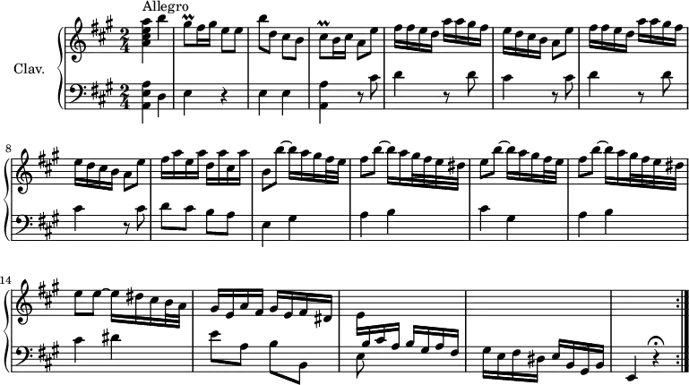 \version "2.18.2"
\header {
  tagline = ##f
  % composer = "Domenico Scarlatti"
  % opus = "K. 74"
  % meter = "Allegro"
}
%% les petites notes
trillCisq      = { \tag #'print { cis8\prall } \tag #'midi { d32 cis d cis } }
trillGisq      = { \tag #'print { gis8\prall } \tag #'midi { a32 gis a gis } }
upper = \relative c'' {
  \clef treble 
  \key a \major
  \time 2/4
  \tempo 4 = 92
  \set Staff.midiInstrument = #"harpsichord"
  \override TupletBracket.bracket-visibility = ##f
  \repeat volta 2 {
      s8*0^\markup{Allegro}
      < a cis e a >4 b' | \trillGisq fis16 gis e8 e | b' d, cis b | \trillCisq b16 cis a8 e' | \repeat unfold 2 { fis16 fis e d a' a gis fis |
      % ms. 6
      e16 d cis b a8 e' } | fis16 a e a d, a' cis, a' |
      % ms. 10
      b,8 b'~ b16 a gis fis32 e | fis8 b~ b16 a gis32 fis e dis | e8 b'~ b16 a gis fis32 e | fis8 b~ b16 a gis32 fis e dis
      % ms. 14
      e8 e~ e16 dis cis b32 a | gis16 e a fis gis e fis dis | \stemDown e \stemUp  \change Staff = "lower"  b cis a b gis a fis | s2 | s2 }%repet
      % ms. 19
      
}
lower = \relative c' {
  \clef bass
  \key a \major
  \time 2/4
  \set Staff.midiInstrument = #"harpsichord"
  \override TupletBracket.bracket-visibility = ##f
  \repeat volta 2 {
    % ************************************** \appoggiatura a16  \repeat unfold 2 {  } \times 2/3 { }   \omit TupletNumber 
      < a, e' a >4 d | e r4 | e4 e  | < a, a' > r8 cis'8 | \repeat unfold 2 { d4 r8 d8 |
      % ms. 6
      cis4 r8 cis8 } | d8 cis b a |
      % ms. 10
      e4 \repeat unfold 2 { gis4 | a b |
      % ms. 14
      cis4 } dis4 | e8 a, b b, | e8 s8 s4 | gis16 e fis dis e b gis b | e,4 r4\fermata }%repet
      % ms. 19
      
}
thePianoStaff = \new PianoStaff <<
    \set PianoStaff.instrumentName = #"Clav."
    \new Staff = "upper" \upper
    \new Staff = "lower" \lower
  >>
\score {
  \keepWithTag #'print \thePianoStaff
  \layout {
      #(layout-set-staff-size 17)
    \context {
      \Score
     \override SpacingSpanner.common-shortest-duration = #(ly:make-moment 1/2)
      \remove "Metronome_mark_engraver"
    }
  }
}
\score {
  \unfoldRepeats 
  \keepWithTag #'midi \thePianoStaff
  \midi { }
}