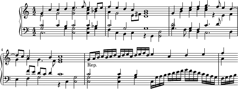 \version "2.14.2"
\header {
  tagline = ##f
}
upper = \relative c'' {
  \clef treble 
  \key a \minor
  \time 4/2
  \tempo 2 = 58
  \autoBeamOff
  \set fontSize = #-1
    << { g4 c c d e4. f8 e4 d8 e } \\ { e,2 g << g c >> << g4 c >> bes } >> 
    << { f'4 e d c b1 } \\ { a4 g2 e8 fis << d1 g >> } >> 
    << { g4 d' e f g4. f8 e4 d~ } \\ { s4 b c d << c e >> r4 e,4 f } >> 
    << { d'8 c c2 b4 c1 } \\ { g4 a g4. f8 <<e1 g >> } >> 
    % placer ici la double barre
    << { g8_"Rep." a16 b   c b c d    c d e c   d e f d   e4 c d e } \\ {} >>
    << { f4 } \\ { a,4 } >>  
}
lower = \relative c {
  \clef bass
  \key a \minor
  \time 4/2
    << { << c'2 g >> c4 b c2 c4 bes } \\ { c,2. g'4 << c,2 g' >> << c,4 g' >> g } >> 
    << { c2 g g1 } \\ { f4 c b c r4 g << d'2 g, >> } >> 
    << { << d''2 b >> g4 f c'4. d8 } \\ { g,4. f8 e4 d c2. d4 } >> 
    << { s4 f'8 e d c d4 c1 } \\ { e,4 f g2 r4 c,4 << g'2 c, >> } >> 
    << { c'2 c4 b } \\ { << g2 c,2 >> << g'4 c,4 >> g'4 } >> 
     c,16 g' a b   c d e f   g f e d   c b a g   f g a b
}
\score {
  \new PianoStaff <<
    \set PianoStaff.instrumentName = #""
    \new Staff = "upper" \upper
    \new Staff = "lower" \lower
  >>
  \layout {
    \context {
      \Score
      \remove "Metronome_mark_engraver"
    }
  }
  \midi { }
}