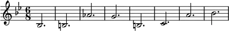 <<
\relative c'' {
    \version "2.18.2"
    \key bes \major
    \time 6/8
    \tempo ""
    bes,2. b aes' g b, c a' bes
}
>>