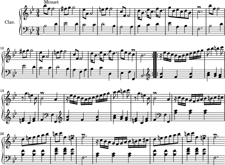 \version "2.18.2"
\header {
  tagline = ##f
}
%% les petites notes
trillC      = { \tag #'print { c2.\prall } \tag #'midi { d32 c d c d c~ c16~ c2 } }
trillF      = { \tag #'print { f2.\prall } \tag #'midi { g32 f g f g f~ f16~ f2 } }
trillCq     = { \tag #'print { c4\prall } \tag #'midi { d32 c d c d c~ c16 } }
trillEq     = { \tag #'print { e4\prall } \tag #'midi { f32 e f e f e~ e16 } }
trillBes    = { \tag #'print { bes2\prall } \tag #'midi { c32 bes c bes c bes~ bes16~ bes4 } }
upper = \relative c'' {
  \clef treble 
  \key bes \major
  \time 3/4
  \tempo 4 = 120
  \set Staff.midiInstrument = #"harpsichord"
     bes'8^"Minuet" f f2 | fis8 g g2 | ees8 a, a2 | e'8 f f2 | c8 f, f2 | d'16 bes8. ees16 c8. f16 d8. |
     % ms. 7
     g8 d ees c d bes | \trillC |  bes'8 f f2 | fis8 g g2 | ees8 a, a2 | e'8 f f2 | 
     % ms. 13
     c8 f, f2 | d'16 bes8. ees16 c8. f16 d8. | g8 ees d4 \trillCq | bes2.
     % ms. 17
     \repeat unfold 2 { r16 ees16 d c  bes a bes c d ees f g | a8 bes4 b c8 | r8 g4 e bes8 | \trillBes a4 } | 
     % ms. 25
     \repeat unfold 2 { r16 c16 bes a  g f g a  bes b c cis | d8 e f g a bes | b c f,4 \trillEq
     % ms. 28 et 32
     \trillF }
}
lower = \relative c' {
  \clef bass
  \key bes \major
  \time 3/4
  \set Staff.midiInstrument = #"harpsichord"
    % **************************************
\repeat volta 2 {
      bes2 d4 | ees2 d4 | c2 c4 | d2 bes4 | a2 a4 | bes c d | ees a, bes | f2. | bes2 d4 | ees2 d4 | c2 c4 | d2 bes4 | a f a | bes c d, | ees f f, | bes2. } \set Score.doubleRepeatType = #":..:"
     % ms. 17
\repeat volta 1 {
     \repeat unfold 2 { \clef treble < f'' bes >4 f <f bes > | < a c > < g bes > < f a > | < e g >4 c < e g > | f   \clef bass f, f, } | \repeat unfold 2 { < a' c >4 q q | < bes f' > q q | < c f a > q < c g' > f,2. }
      } \bar ""
     s8*0
}
thePianoStaff = \new PianoStaff <<
    \set PianoStaff.instrumentName = #"Clav."
    \new Staff = "upper" \upper
    \new Staff = "lower" \lower
  >>
\score {
  \keepWithTag #'print \thePianoStaff
  \layout {
      #(layout-set-staff-size 17)
    \context {
      \Score
     \override SpacingSpanner.common-shortest-duration = #(ly:make-moment 1/2)
      \remove "Metronome_mark_engraver"
    }
  }
}
\score {
  \keepWithTag #'midi \thePianoStaff
  \midi { }
}