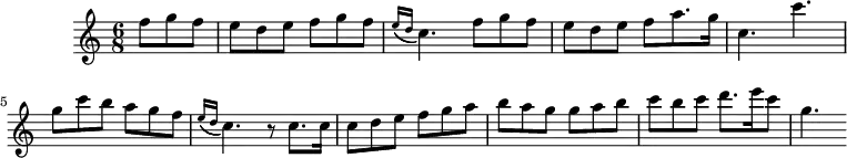 \version "2.18.2"
\header {
  tagline = ##f
}
\score {
  \new Staff \with {
  }
%acciaccaturaed = { \tag #'print \acciaccatura { e16( d } c4.) \tag #'midi { e8 d } c4.) }
<<
  \relative c'' {
    \key c \major
    \time 6/8
    \override TupletBracket #'bracket-visibility = ##f
    \set Staff.midiInstrument = #"recorder"
     %%% Pep Ventura, Per tú ploro (prélude)
     \partial 4.
     f8 g f e d e f g f \acciaccatura { e16( d } c4.)  f8 g f e d e f a8. g16 | c,4. c' | g8 c b a g f | \acciaccatura { e16( d } c4.) r8 c8. c16 | c8 d e f g a b a g g a b | c b c d8. e16 c8 g4.
  }
>>
  \layout {
     \context { \Score \remove "Metronome_mark_engraver" }
  }
  \midi { \tempo 8 = 220 }
}