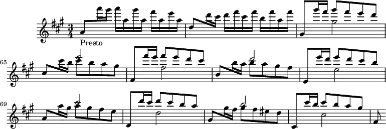 \version "2.18.2"
\header {
  tagline = ##f
}
\score {
  \new Staff \with {
  }
<<
  \relative c' {
    \key a \major
    \time 3/4
    \override TupletBracket #'bracket-visibility = ##f 
     \set Score.currentBarNumber = #62
    \autoBeamOff
    \set Staff.midiInstrument = #"violin"
     %%%%%%%%%%%%%%%%%%%%%%%%%% Caprice IV, Presto
           <<
                 \new Voice                                
                 \relative c'''
                 {       \voiceOne 
                         a,8_\markup{Presto} \stemDown a''16 gis a a, gis' a, fis' a, e' a, |
                         \stemUp d,8 \stemDown d'16 cis d fis cis fis b, fis' a, fis' | 
                         \stemUp gis,,8 gis''16 fis gis8 fis e  d |
                         cis,8 \stemDown cis'16 b cis8 b a gis |
                         \stemUp fis,8 fis''16 e fis8 e d cis |
                         \stemUp b,8 \stemDown b'16 a b8 a gis fis | 
                         \stemUp e,8 e''16 d e8 d cis b |
                         \stemUp a,8 \stemDown a'16 gis a8 gis fis e | 
                         \stemUp d,8 d''16 cis d8 cis b a | 
                         \stemUp gis,8 \stemDown gis'16 fis gis8 fis eis d
                         \stemUp cis,8 cis''16 b cis8 b a gis | 
                         fis,8
                 }
                                        
                 \new Voice              
                 \relative c'''
                 {      \voiceTwo          
                        s2.*2 s4 gis2 s4 \stemUp e'2 s4 \stemDown fis,2 s4 \stemUp d'2 s4 \stemDown e,2 s4 \stemUp cis'2 s4 \stemDown d,2 s4 \stemUp b'2 s4 \stemDown cis,2 
                 }
         >>
  }
>>
  \layout {
    \context {
      \remove "Metronome_mark_engraver"
    }
  }
  \midi { \tempo 4 = 160 }
}