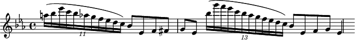 
\header {
  tagline = ##f
}

\score {
  \new Staff \with {

  }
<<
  \relative c'' {
    \key ees \major
    \time 4/4
    \override TupletBracket #'bracket-visibility = ##f
    \set Staff.midiInstrument = #"violin"
    \tempo 4 = 55

     %%%%%%%%%%%%%%%%%%%%%%%%%% Le streghe
     \partial 2. {\times 4/11 { a'!16[( bes ees c bes aes g f ees d c)] }} bes8 ees, f fis g ees
     {\times 4/13 { bes''16[( g' f ees c bes aes g f ees d c)] }} bes8 ees, f g ees4

  }
>>
  \layout {
     \context { \Score \remove "Metronome_mark_engraver" }
  }
  \midi {}
}
